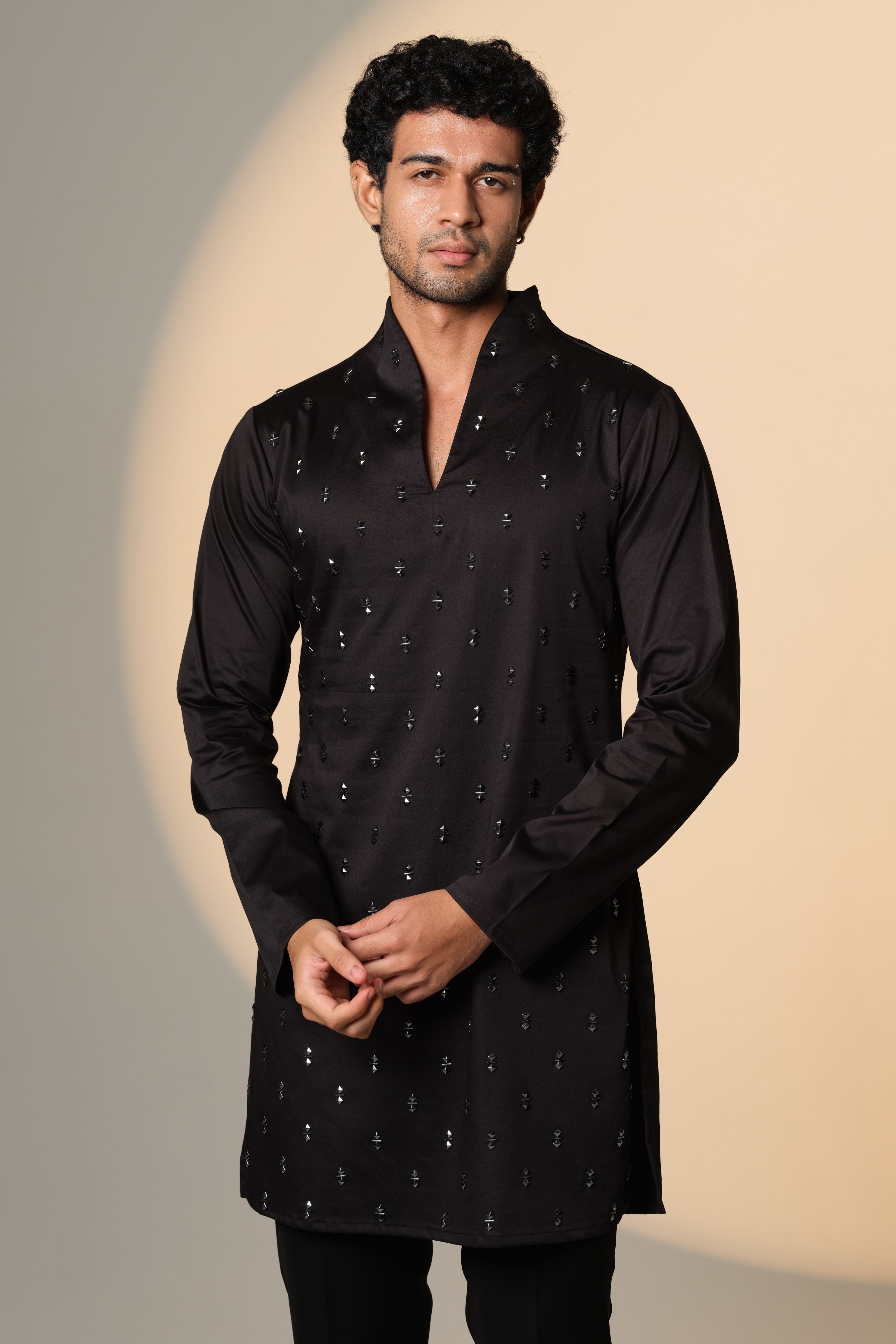 Black Kurta with Double Pyramid With Center - Sally Chitha Work