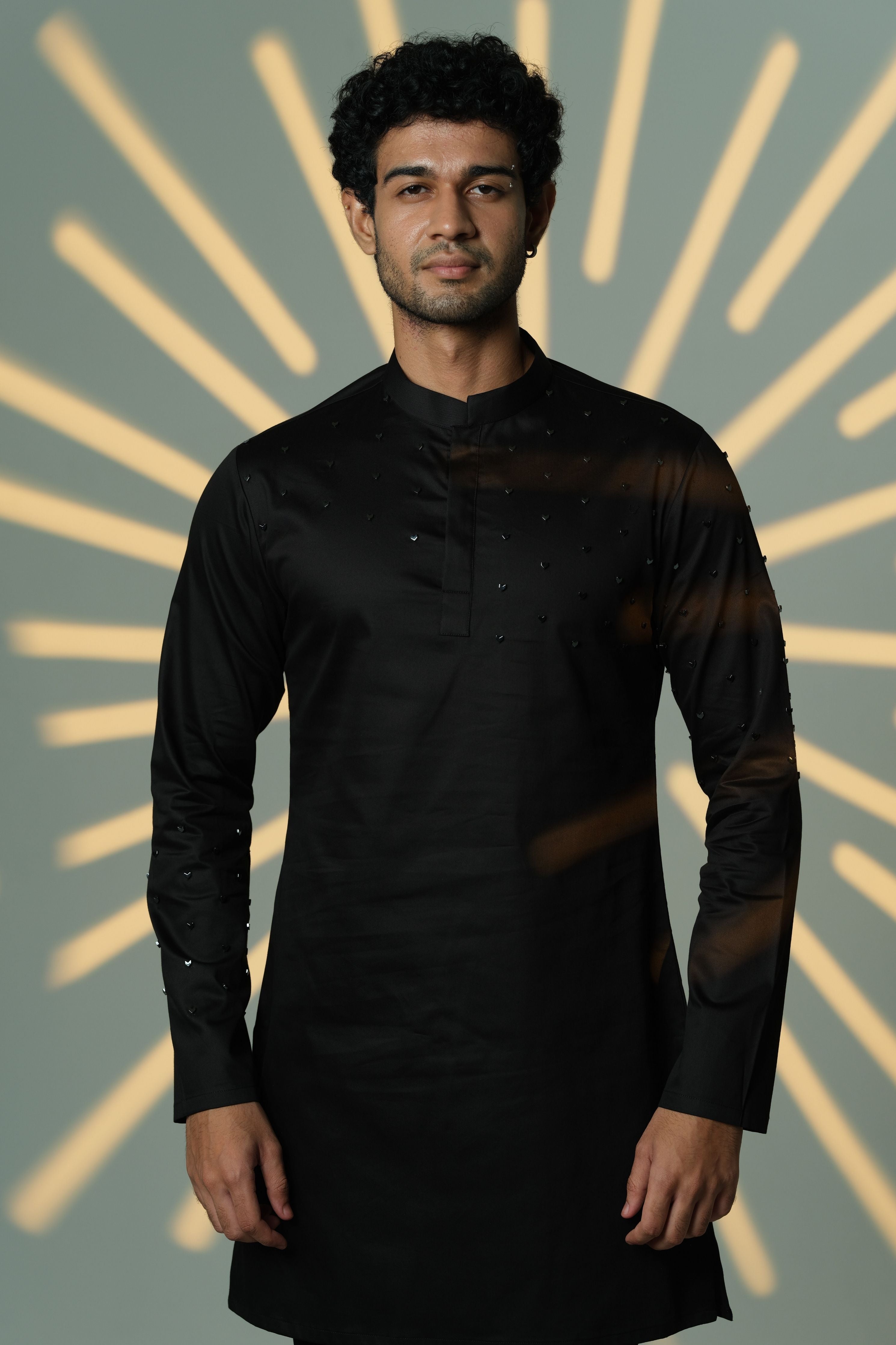 Black Kurta With Arrows On Sleeves & Shoulder Chitha Work