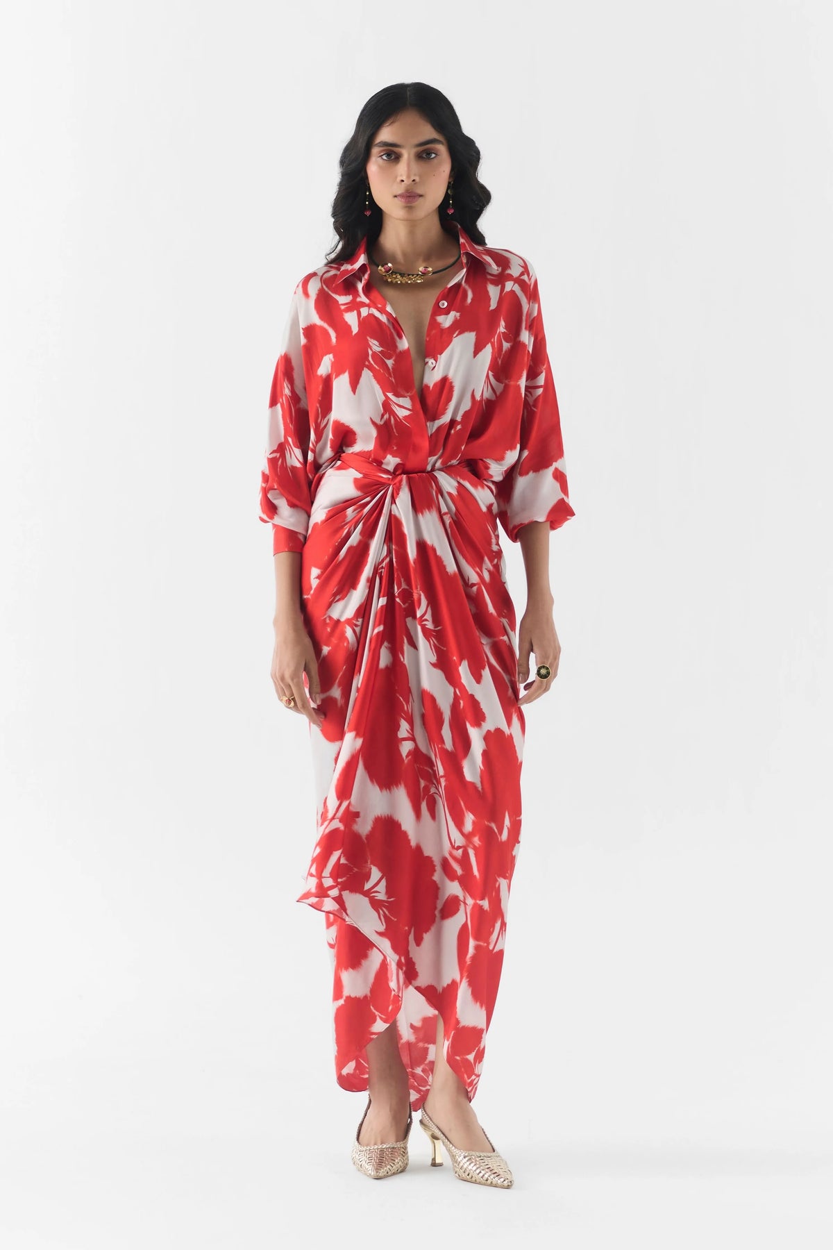 Red Ink Draped Shirt Dress