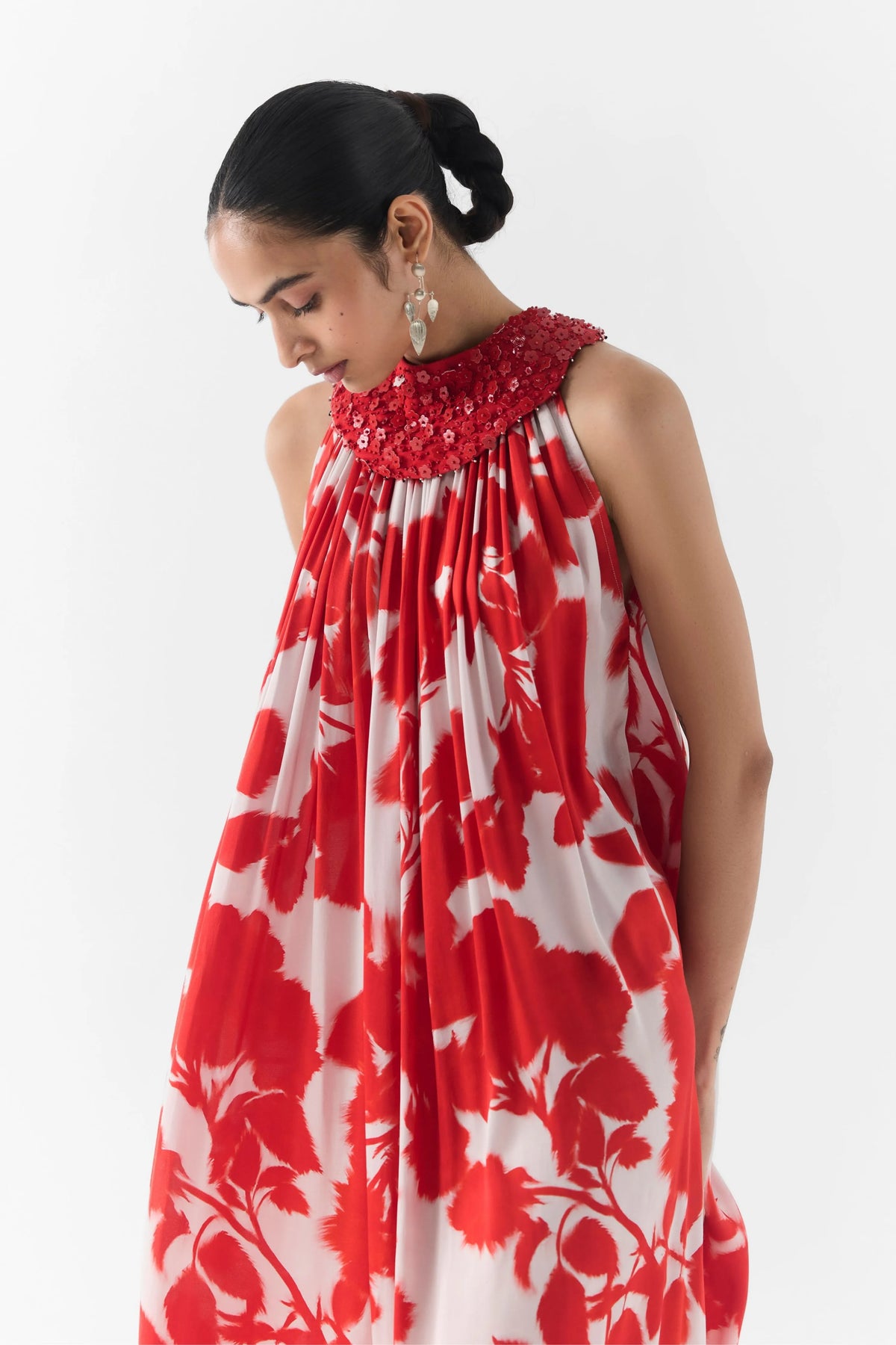 Red Ink Halter Dress With Collar