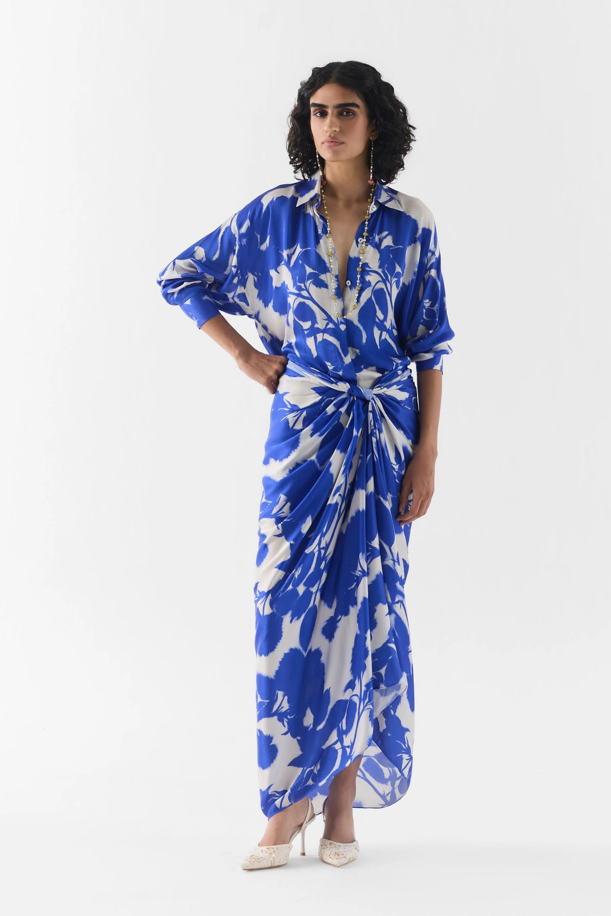 Blue Ink Draped Shirt Dress