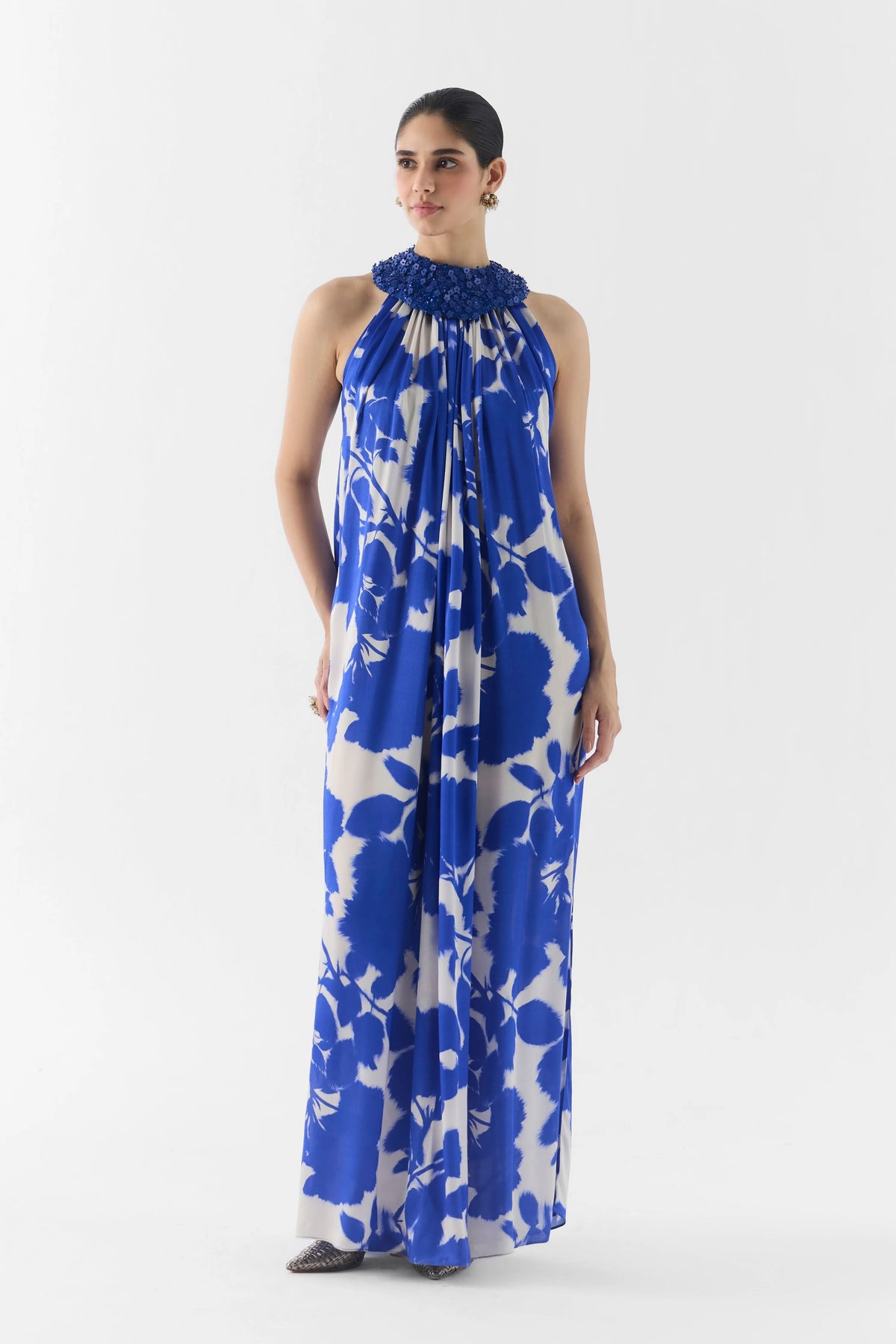 Blue Ink Halter Dress With Collar