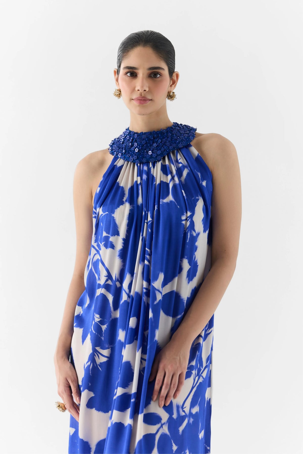 Blue Ink Halter Dress With Collar