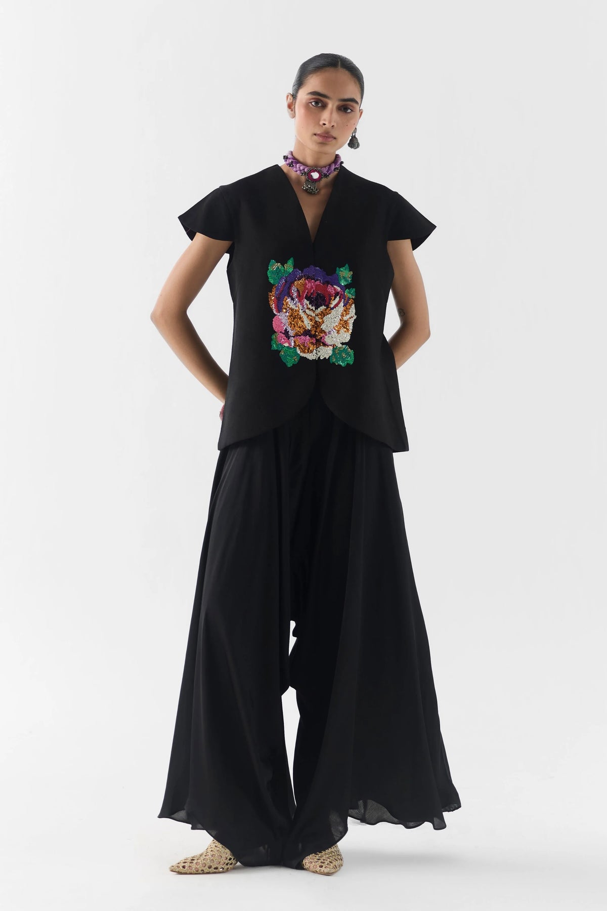 Black Garden Rose Vest And Dhoti Pants