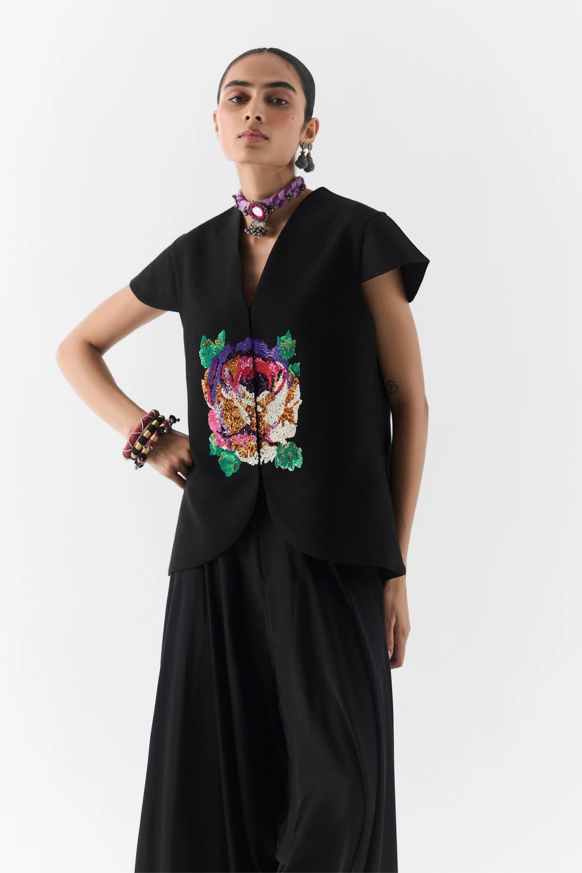 Black Garden Rose Vest And Dhoti Pants