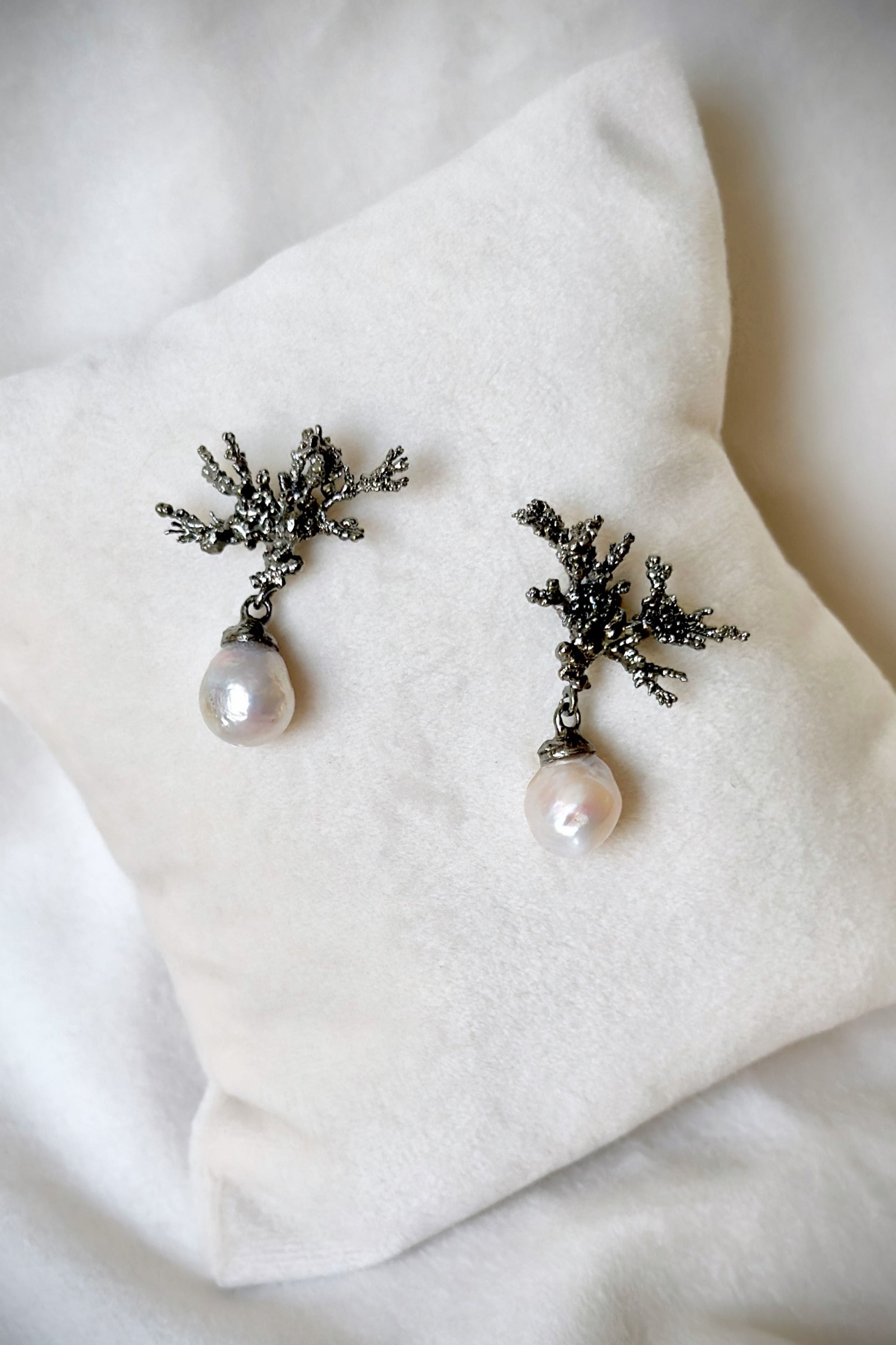 Seafloor  Black Coralline Pearl Drop Earrings
