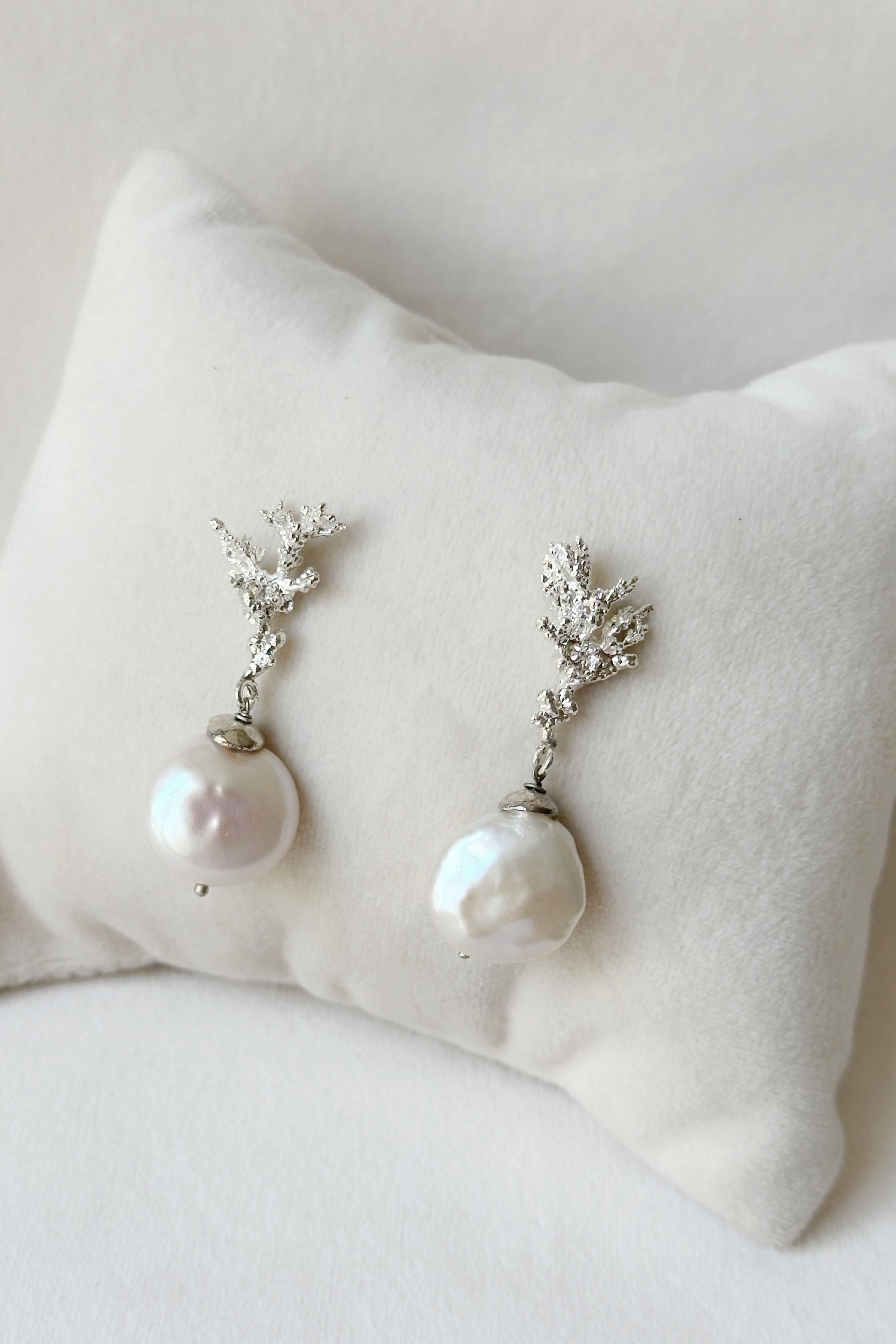 Seafloor  Silver Coralline Pearl Drop Earrings