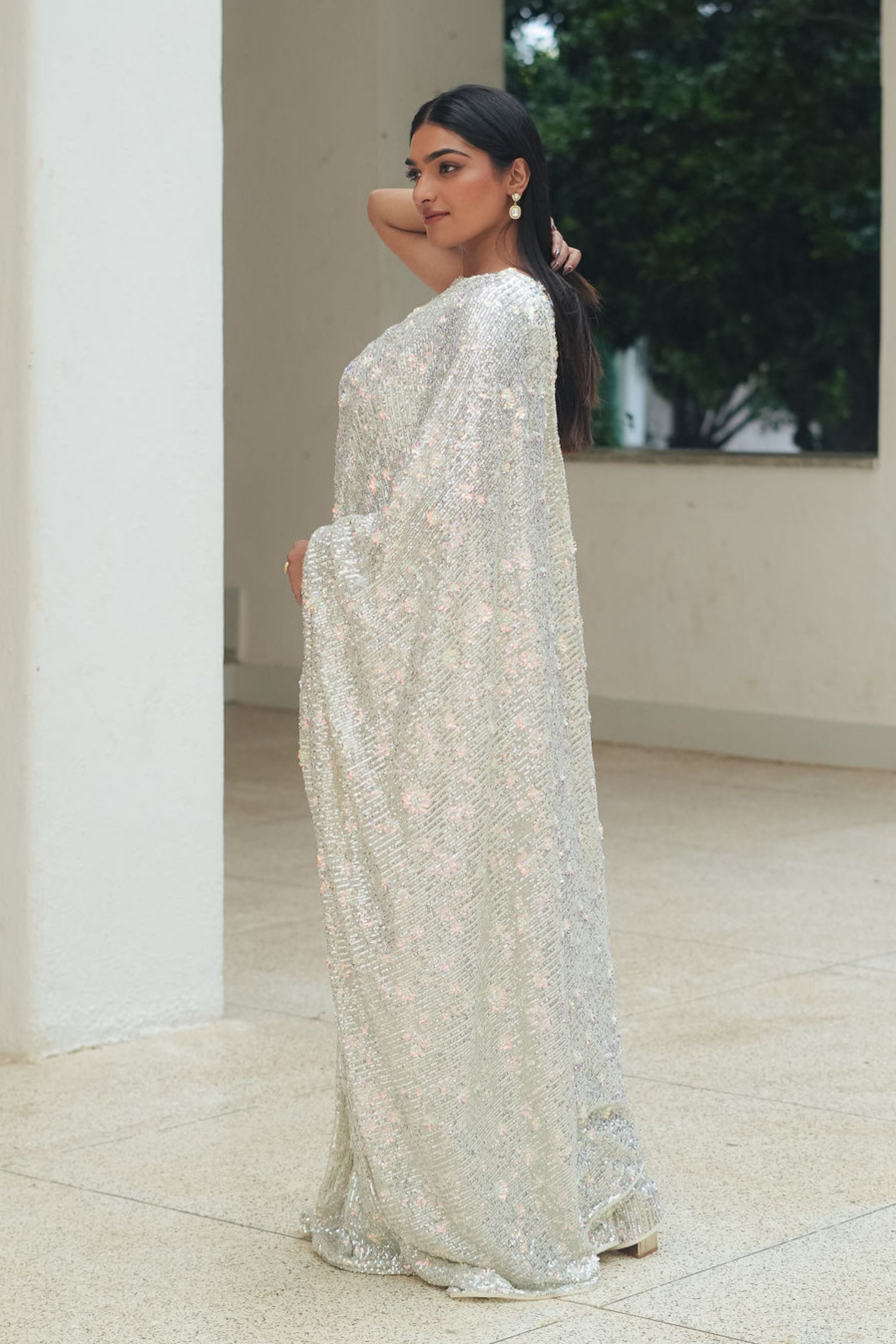 Silver Flower Sequin Drape Saree