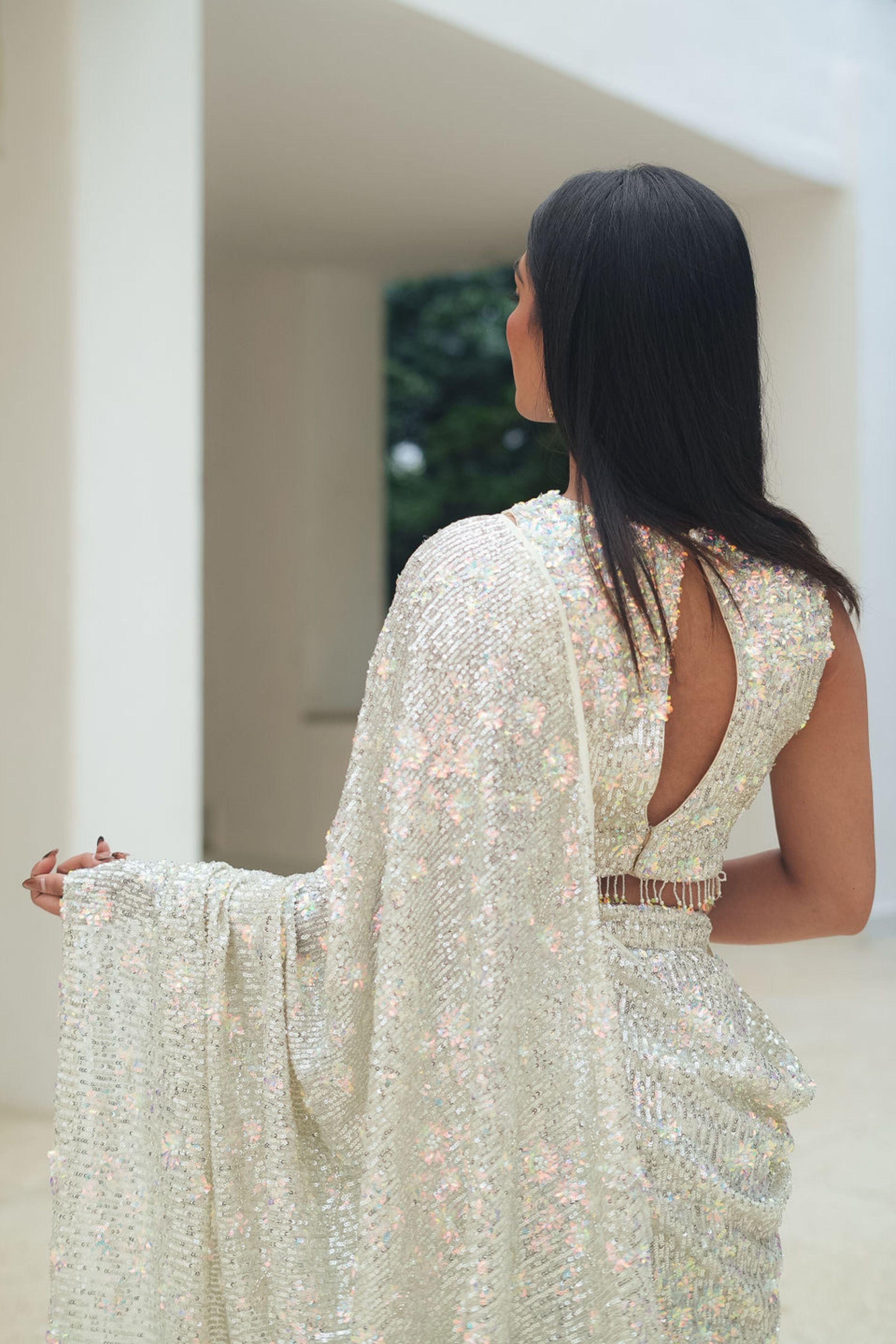 Silver Flower Sequin Drape Saree