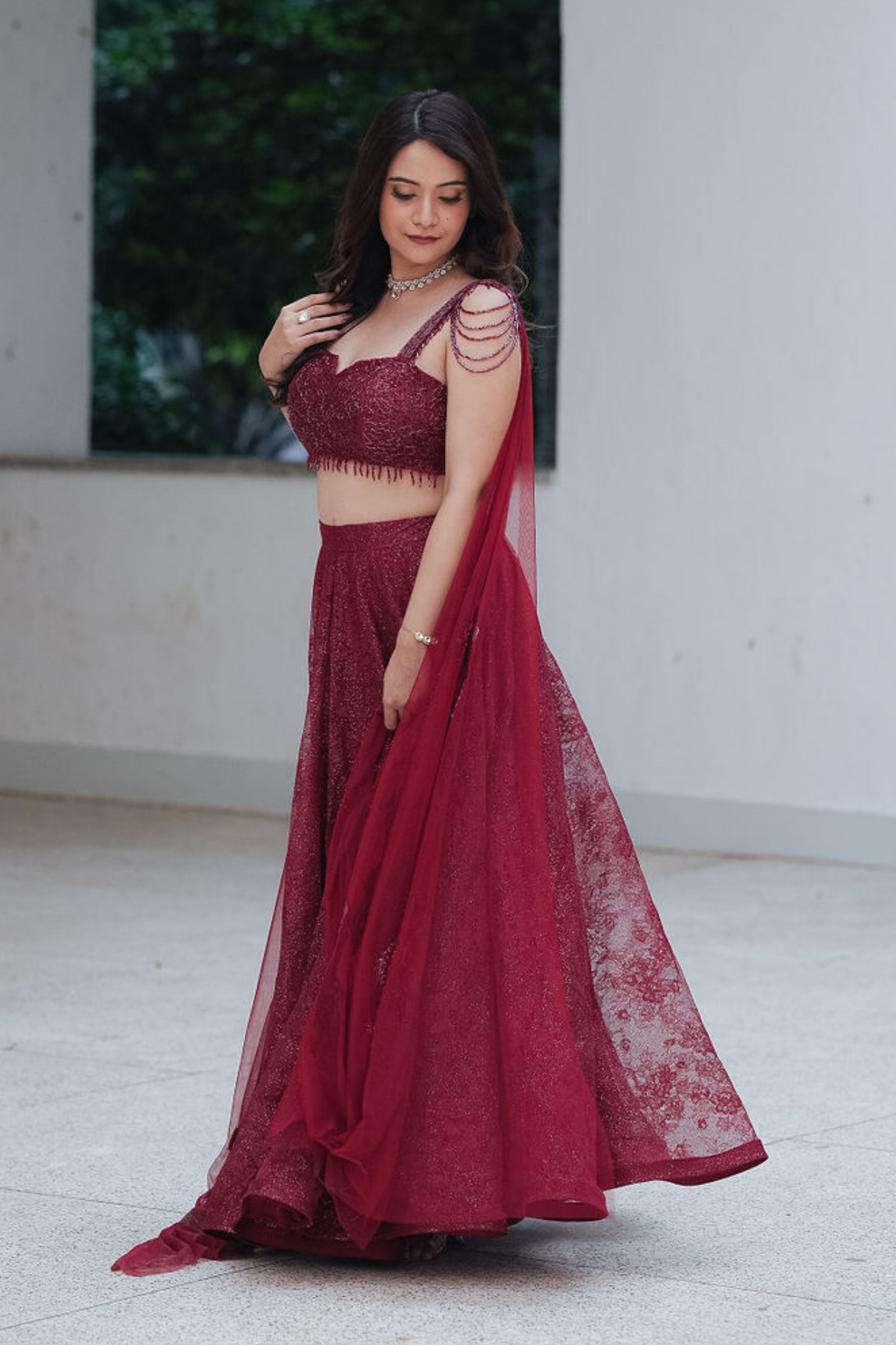 Maroon Chantilly Crystal Lehenga Set