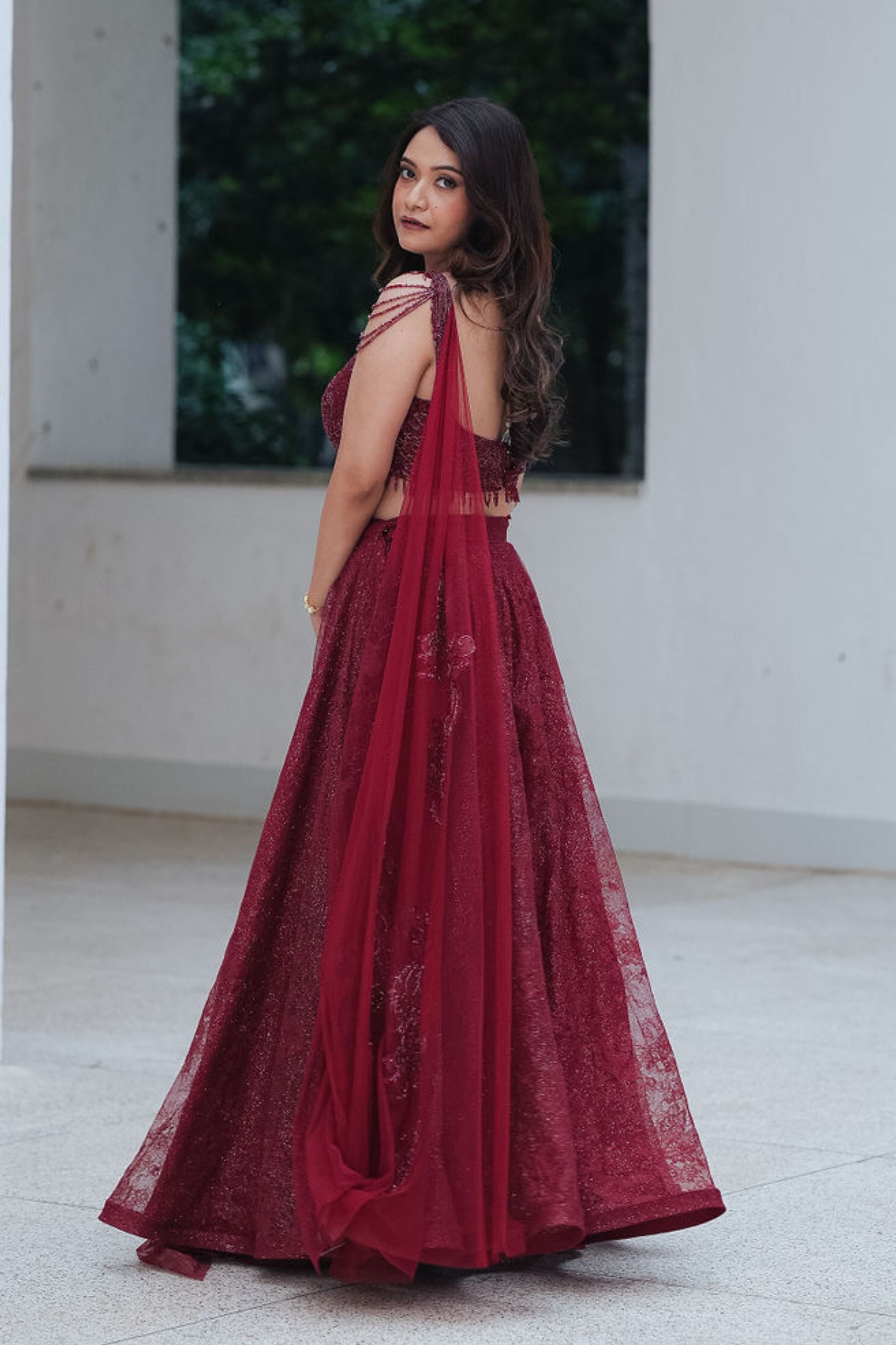 Maroon Chantilly Crystal Lehenga Set