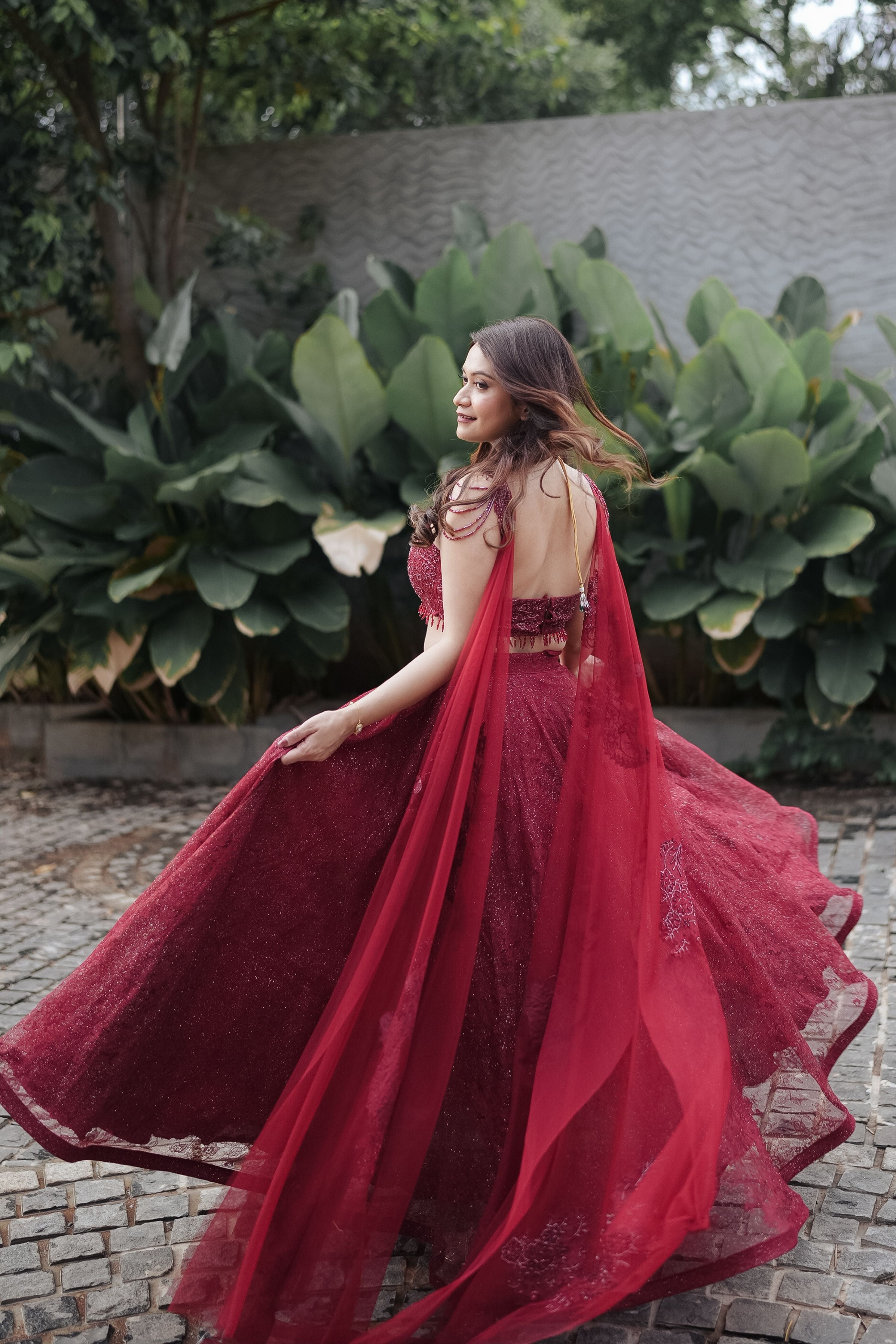 Maroon Chantilly Crystal Lehenga Set