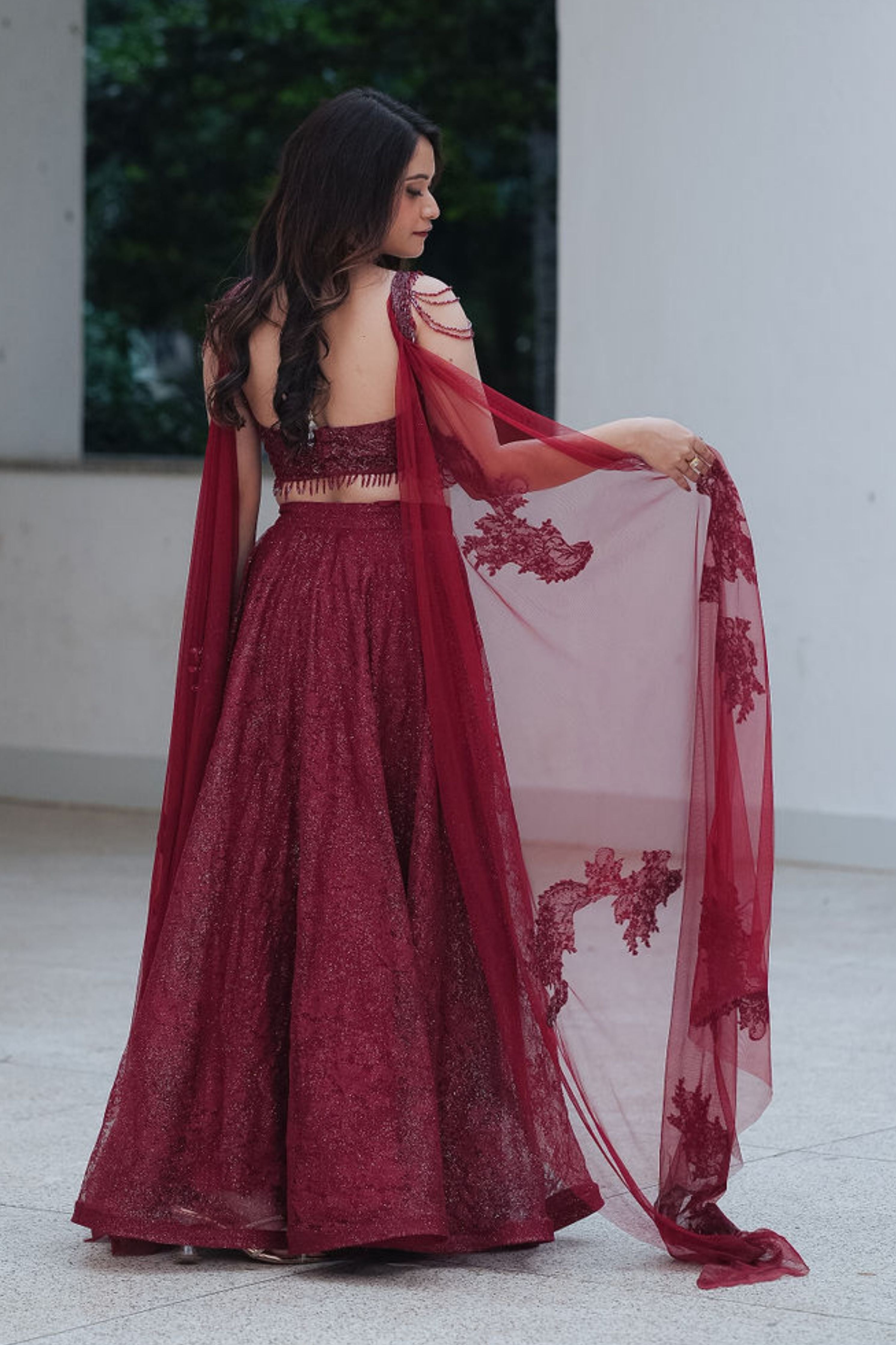 Maroon Chantilly Crystal Lehenga Set