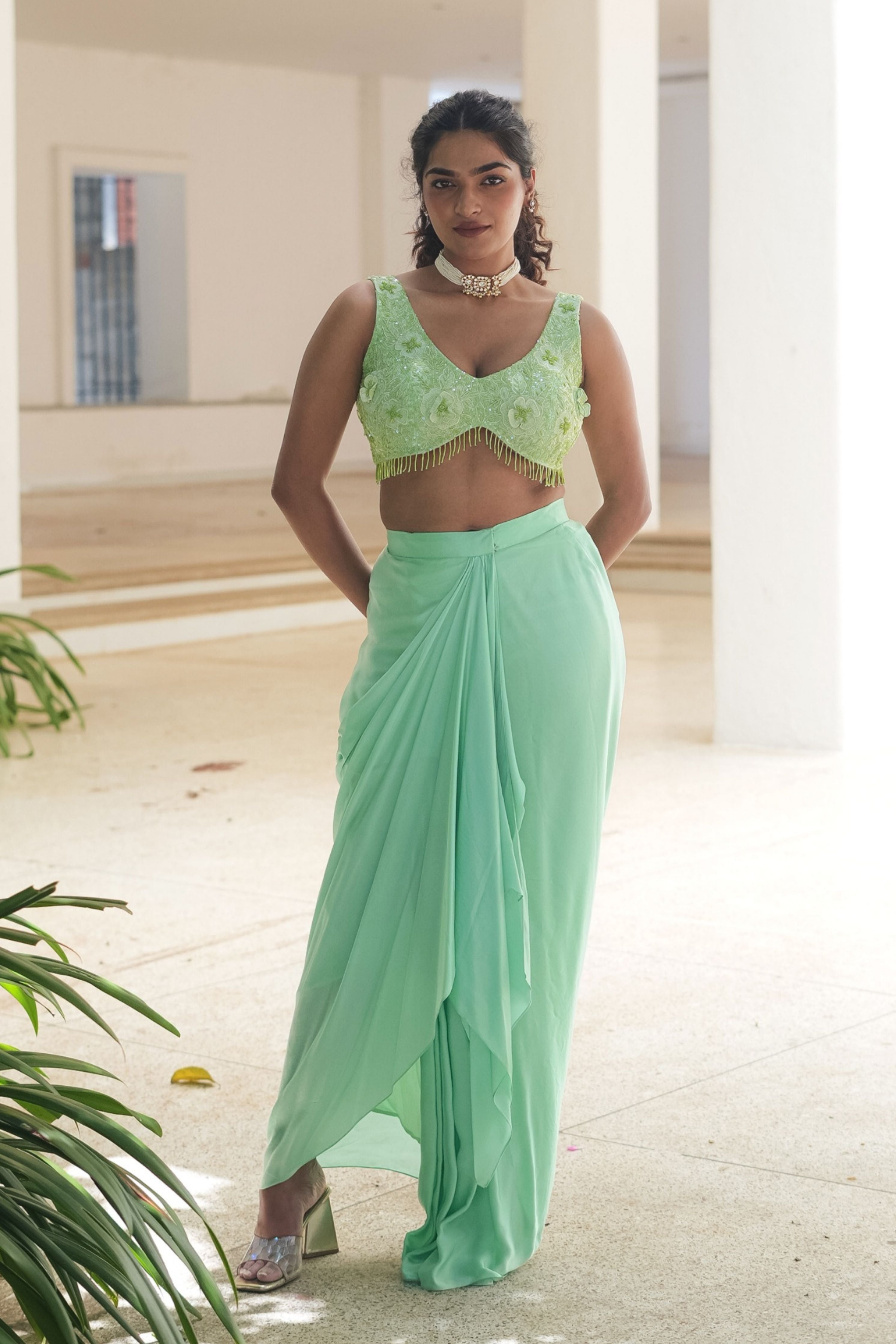 Mint Green Monotone Drape Skirt Set