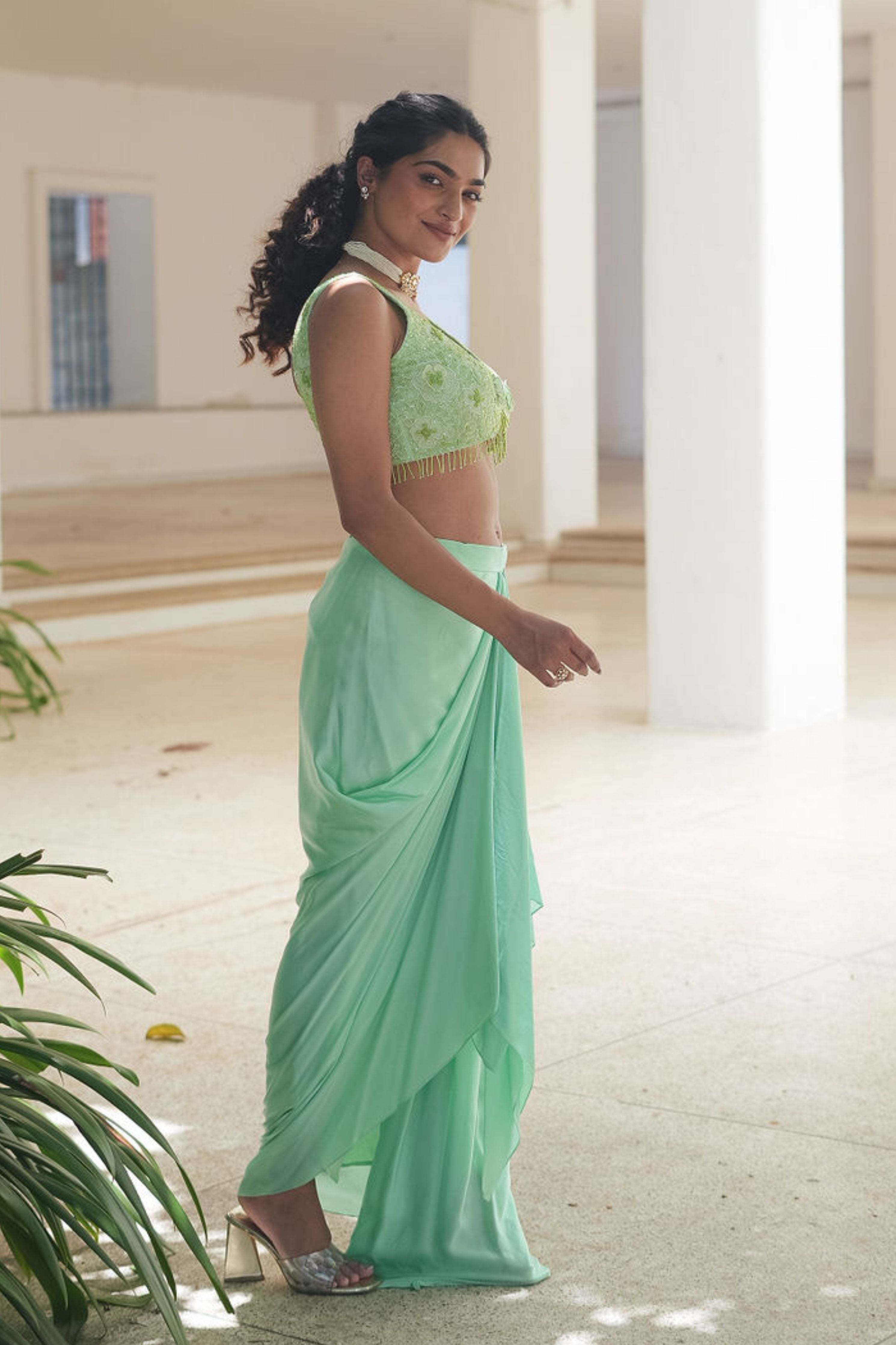Mint Green Monotone Drape Skirt Set