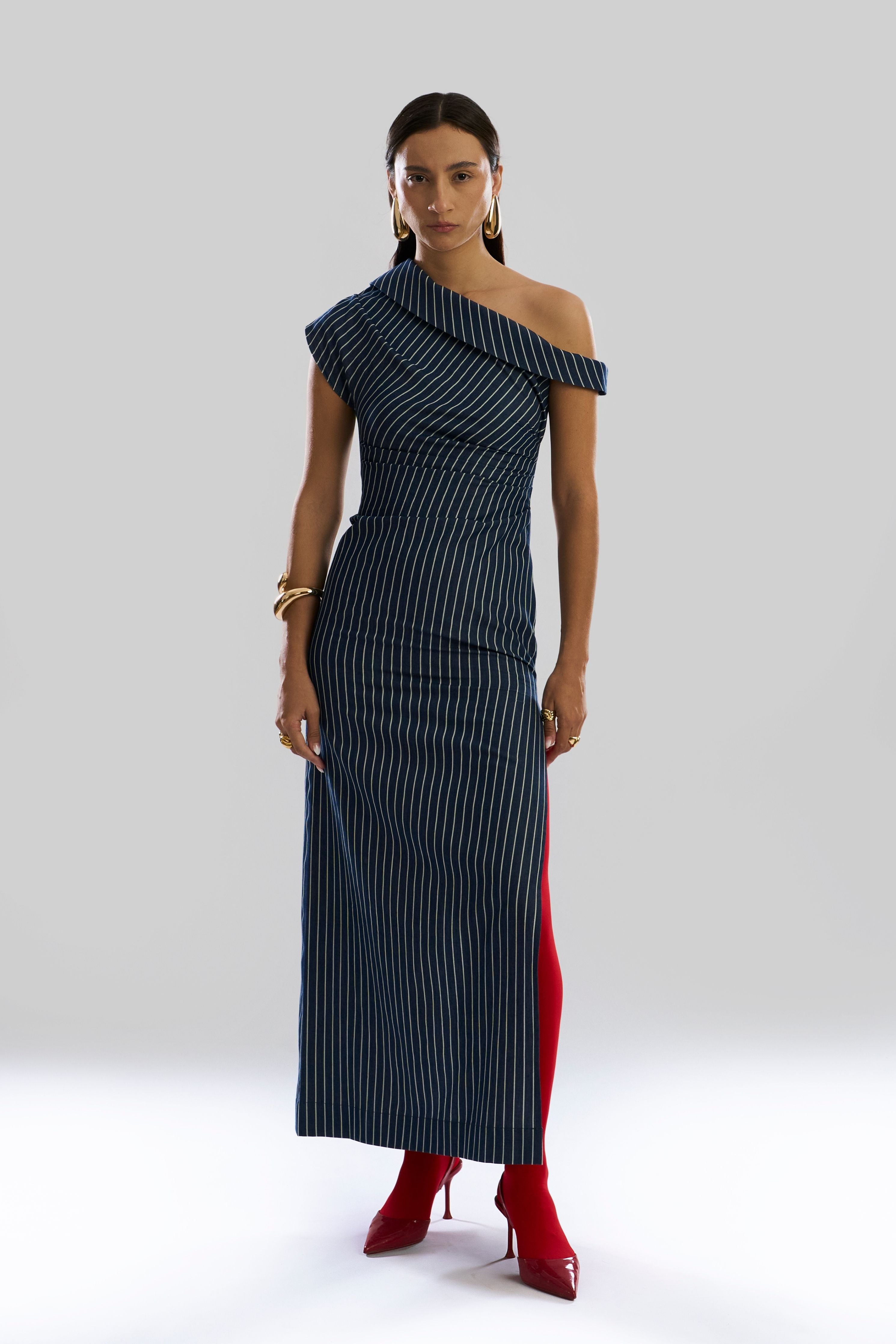 Linear Shift One Shoulder Denim Dress