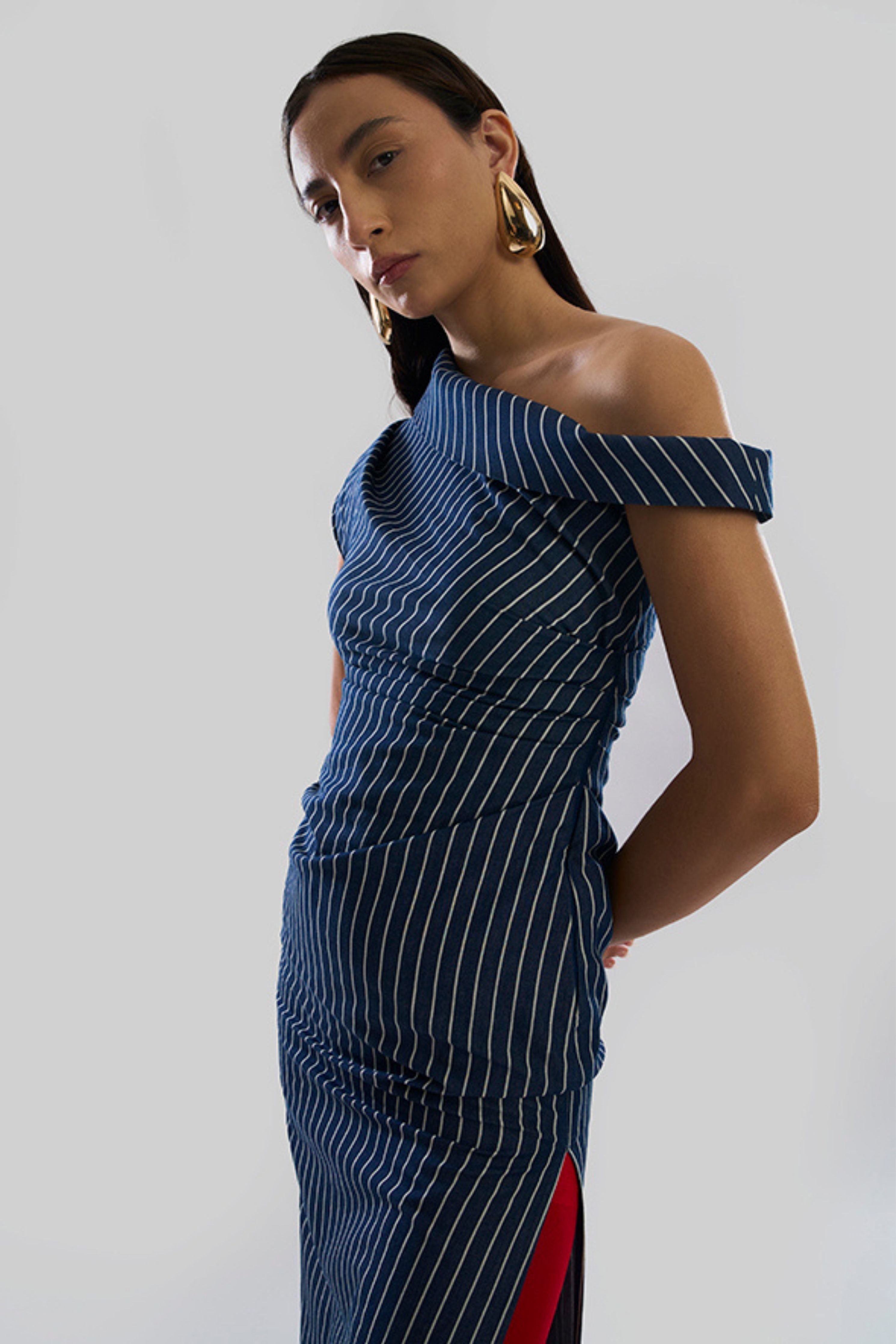 Linear Shift One Shoulder Denim Dress