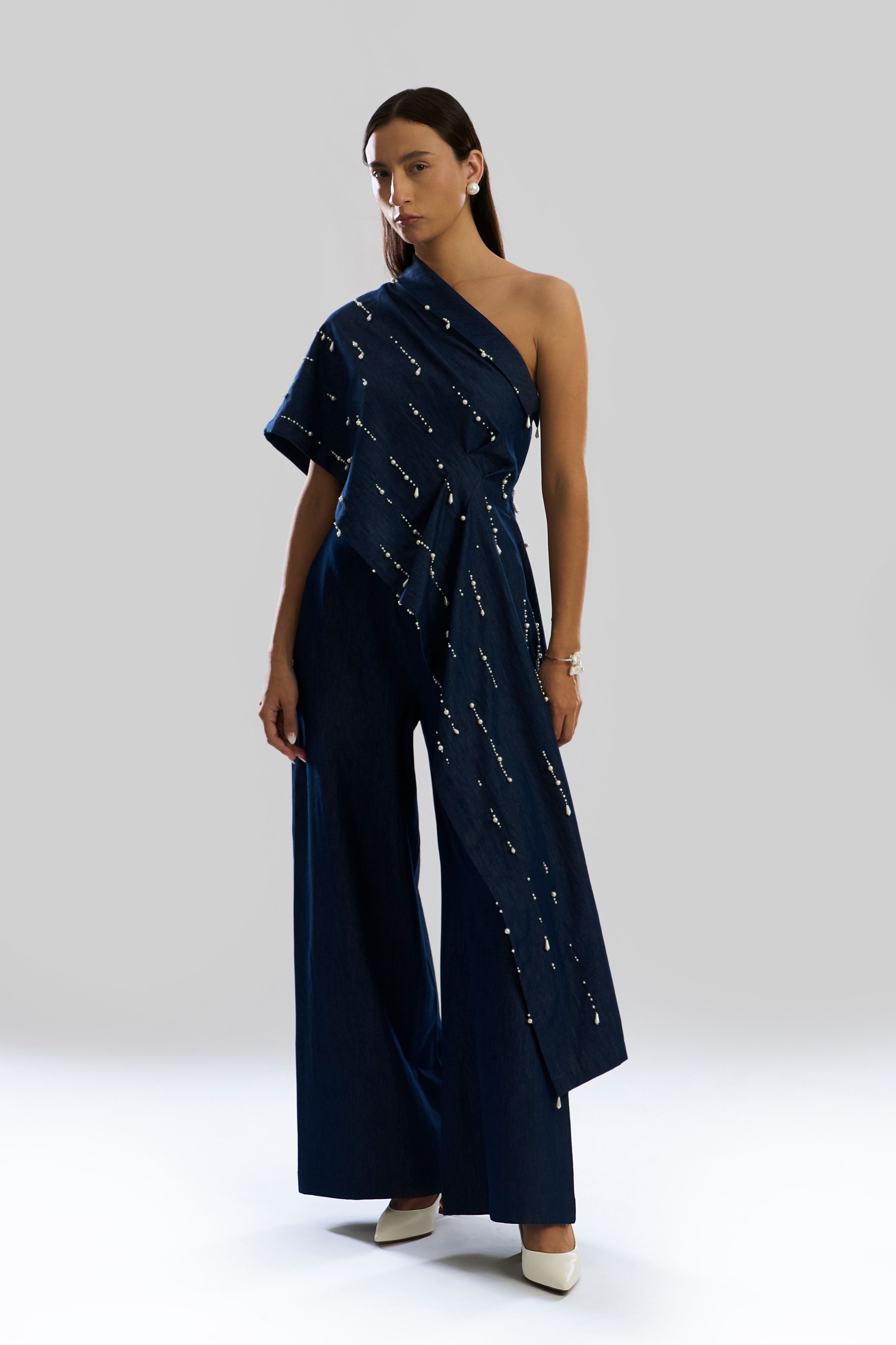 Pearfall Asymmetrical Denim Top