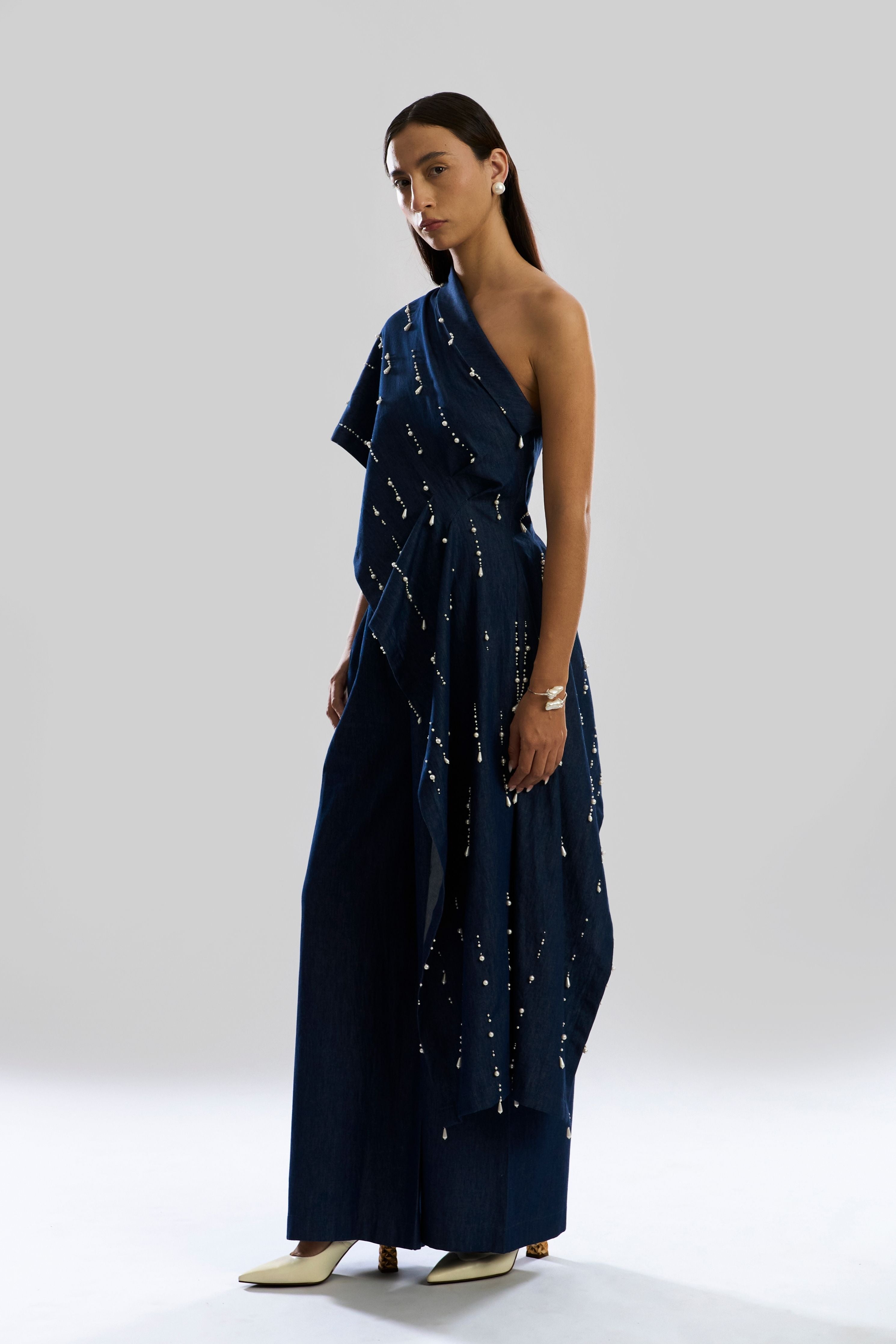 Pearfall Asymmetrical Denim Top