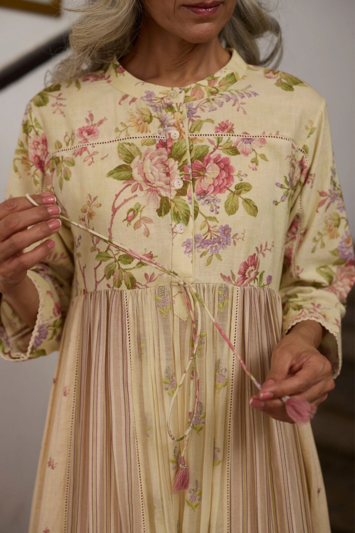 Chowa Kurta Set In  Ecru  &  Pink