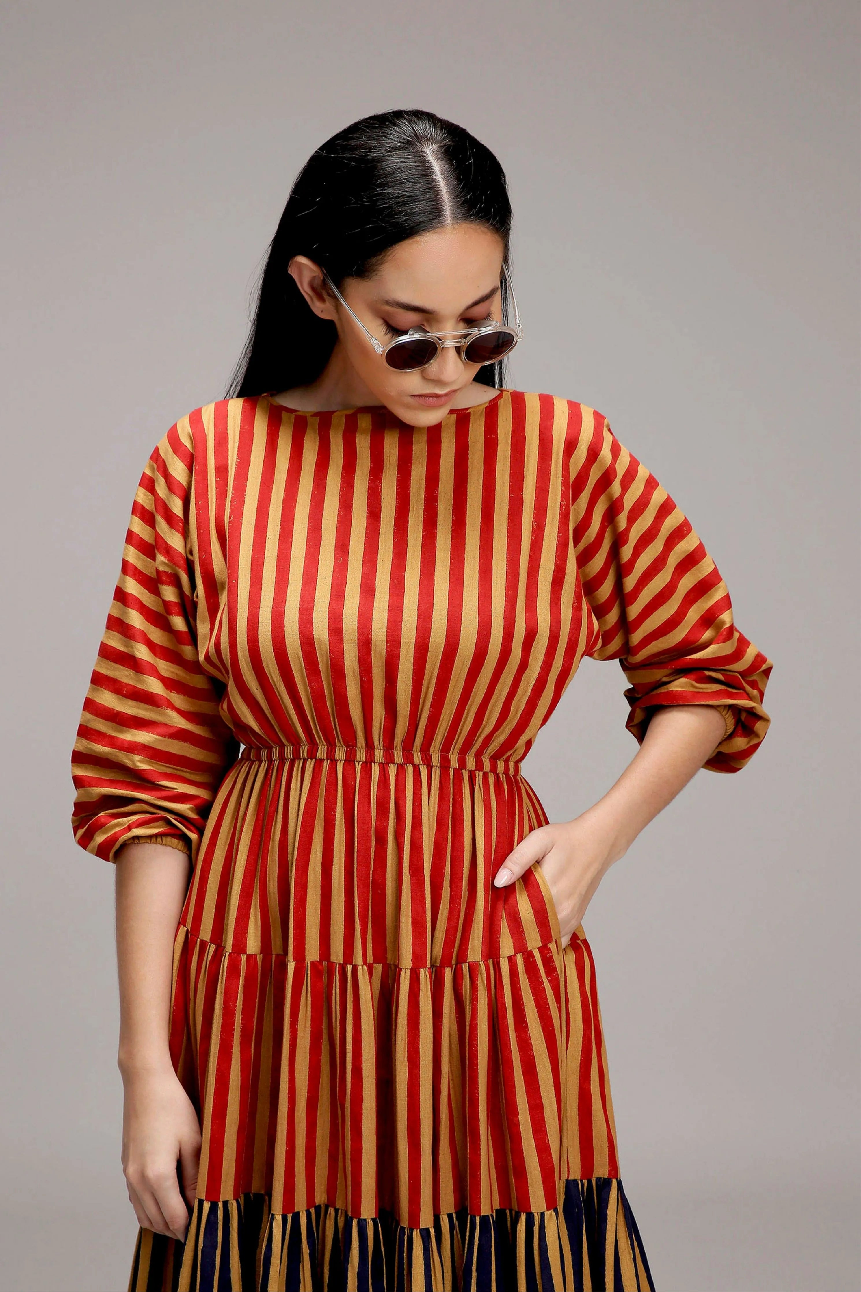 Tan-Brown Red & Blue Striped Tiered Dress