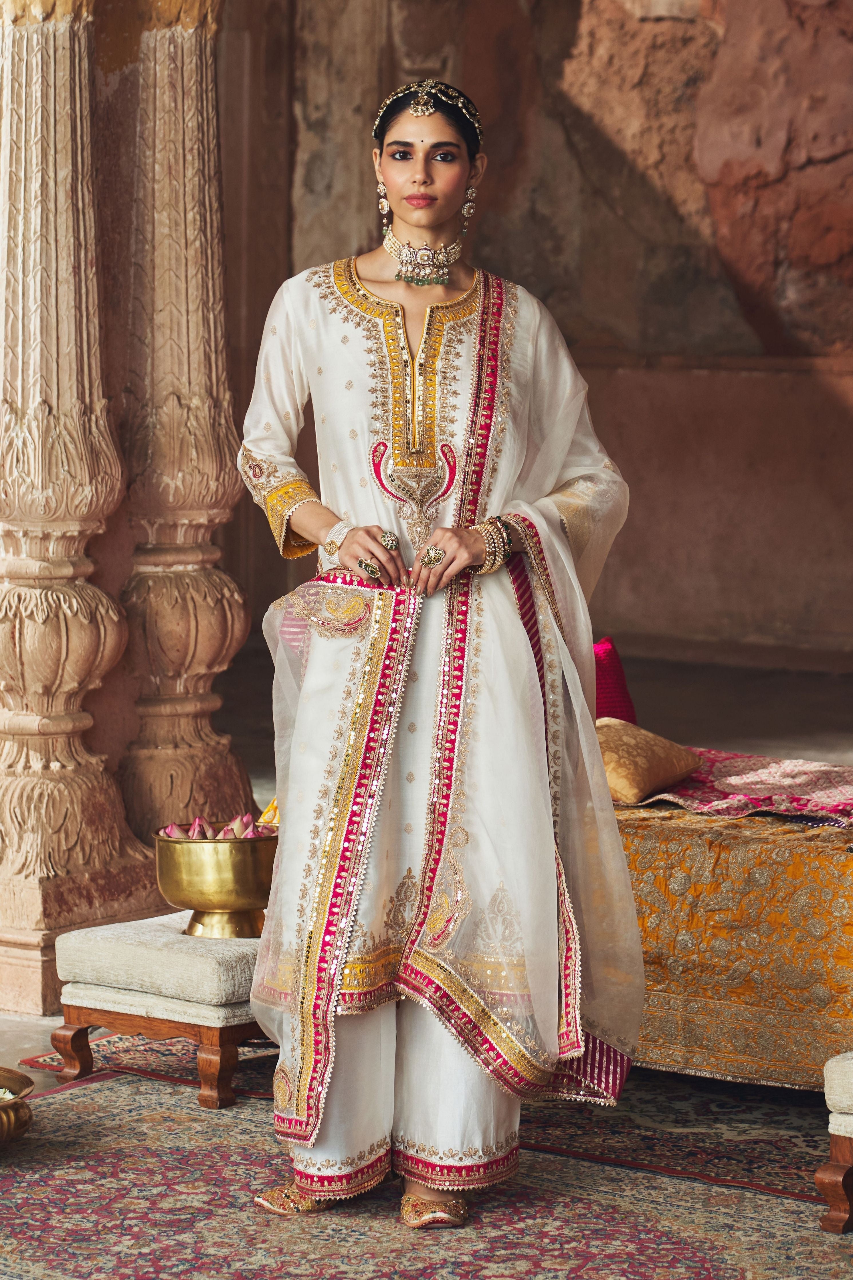 Sumaira  Daisy Ivory Long Kurta With Palazzo And Dupatta