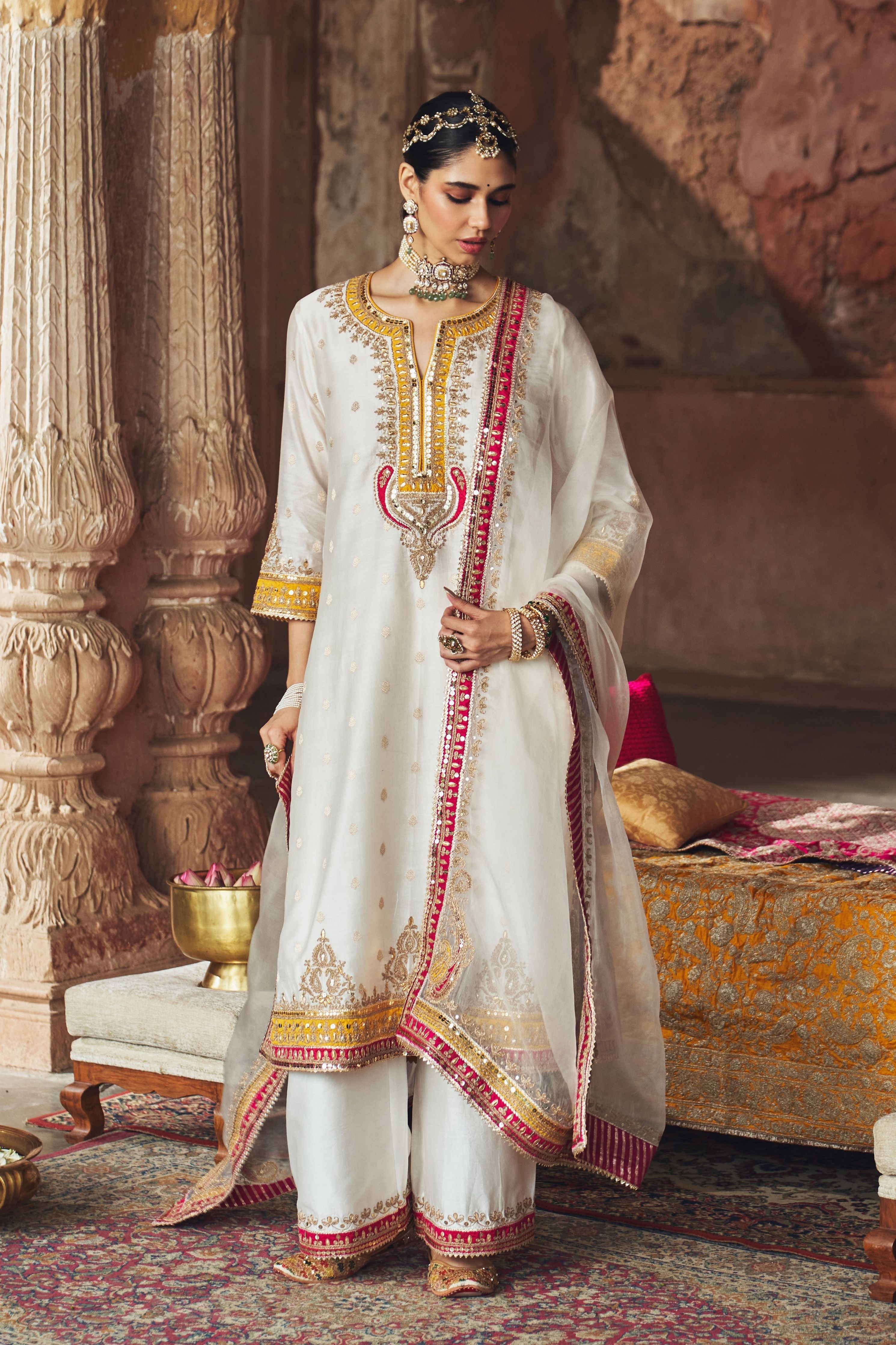 Sumaira  Daisy Ivory Long Kurta With Palazzo And Dupatta