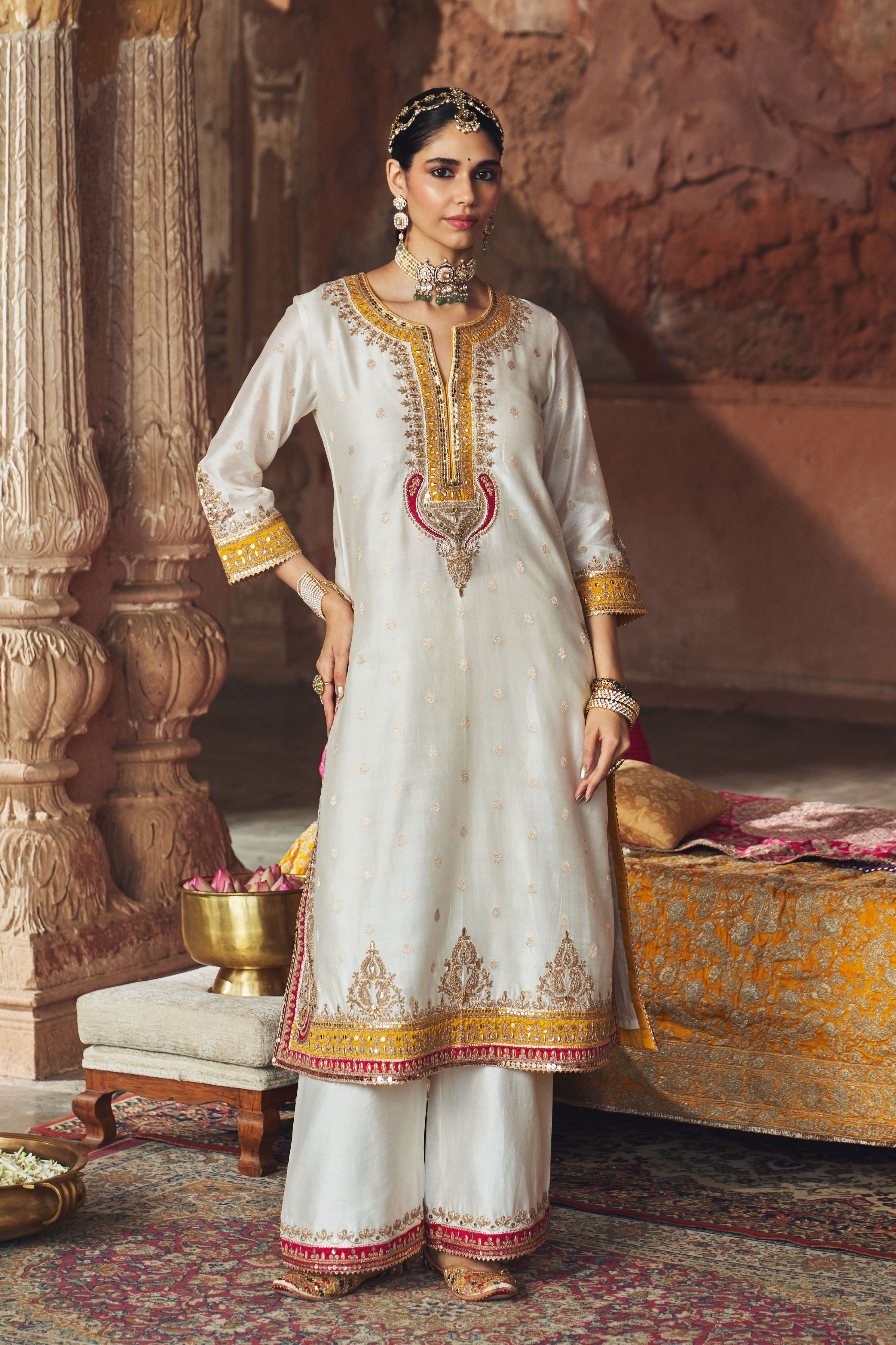 Sumaira  Daisy Ivory Long Kurta With Palazzo And Dupatta