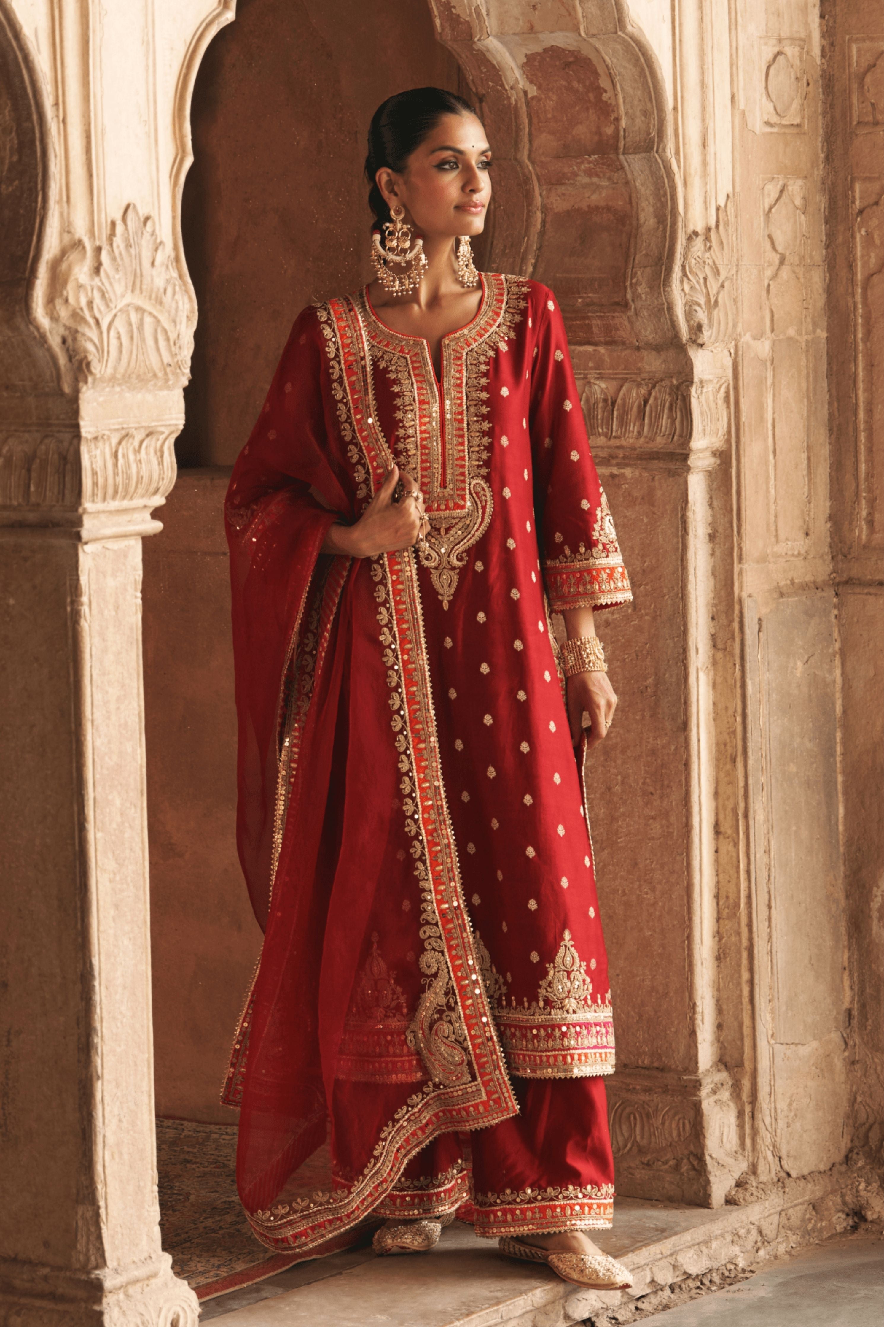 Sumaira Deep Red Long Kurta With Palazzo And Dupatta