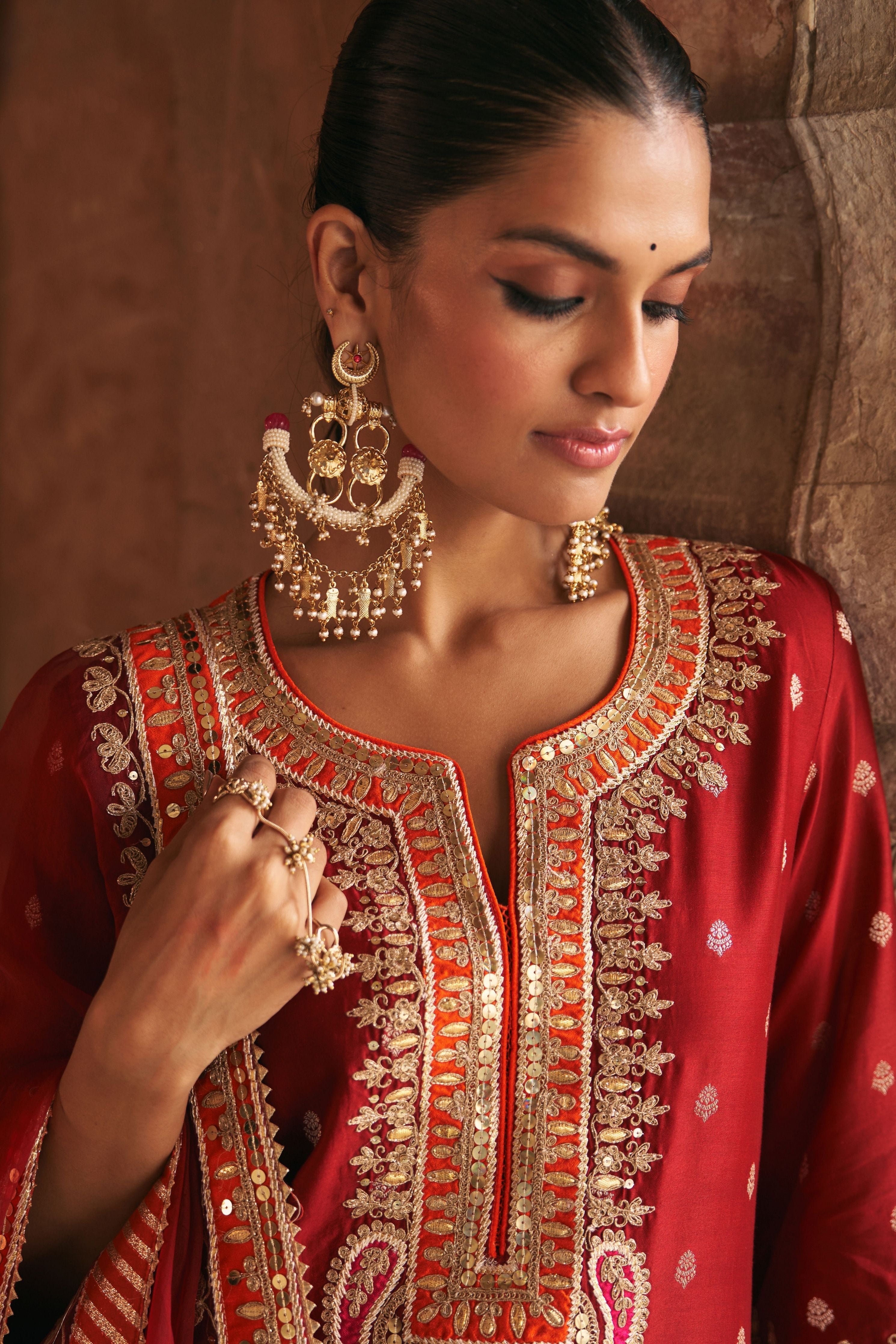 Sumaira Deep Red Long Kurta With Palazzo And Dupatta