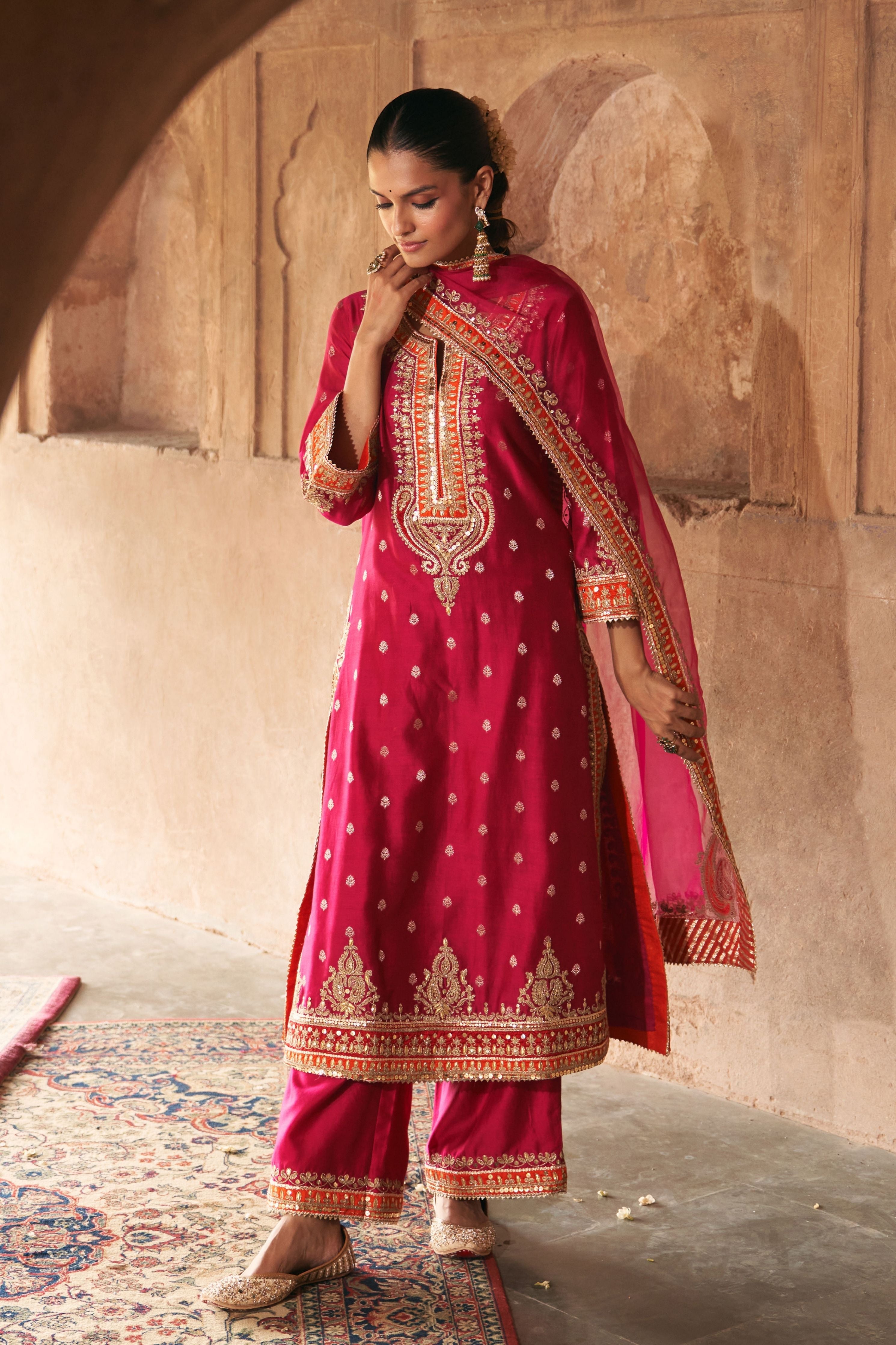 Sumaira Hotpink Long Kurta With Palazzo And Dupatta