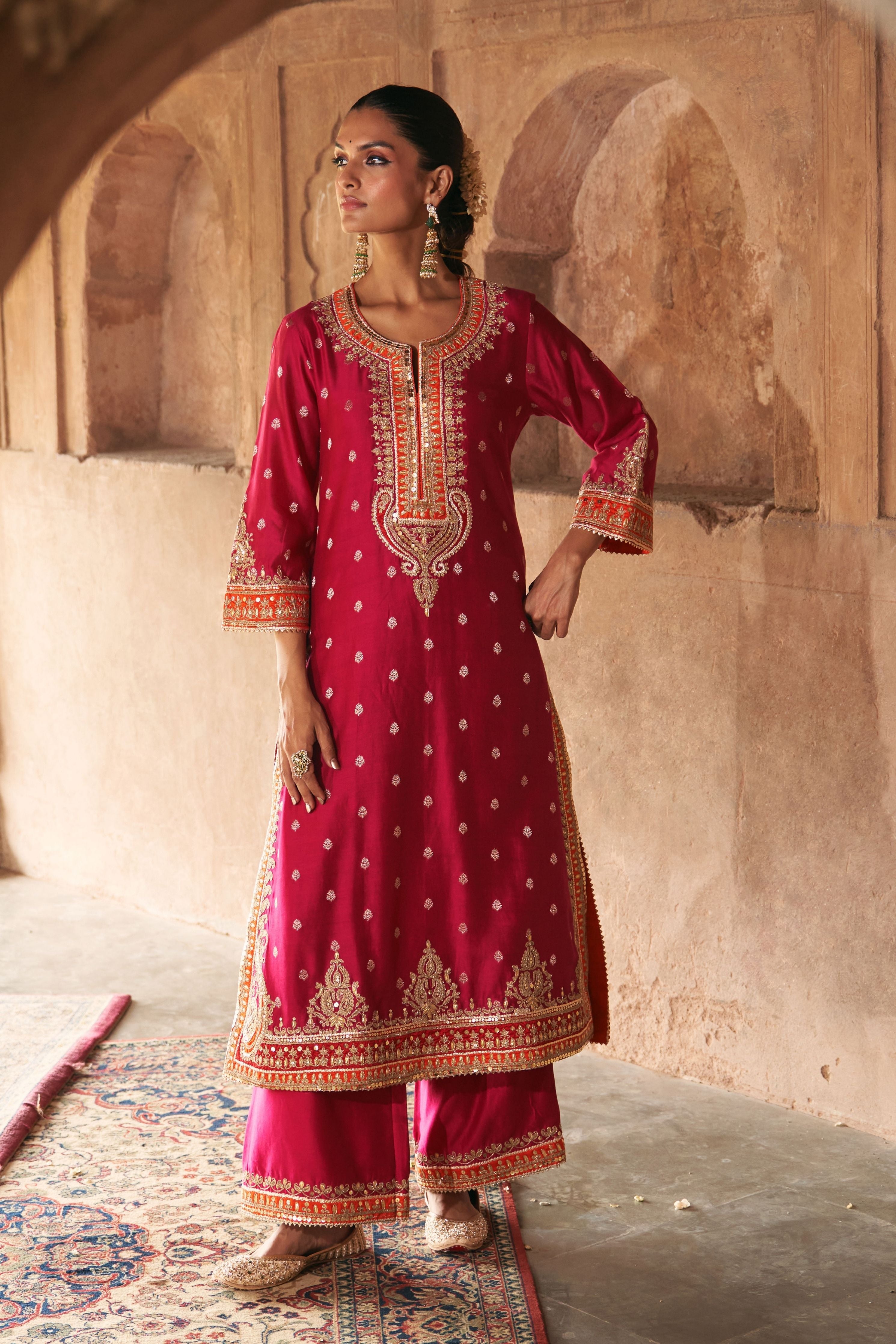 Sumaira Hotpink Long Kurta With Palazzo And Dupatta