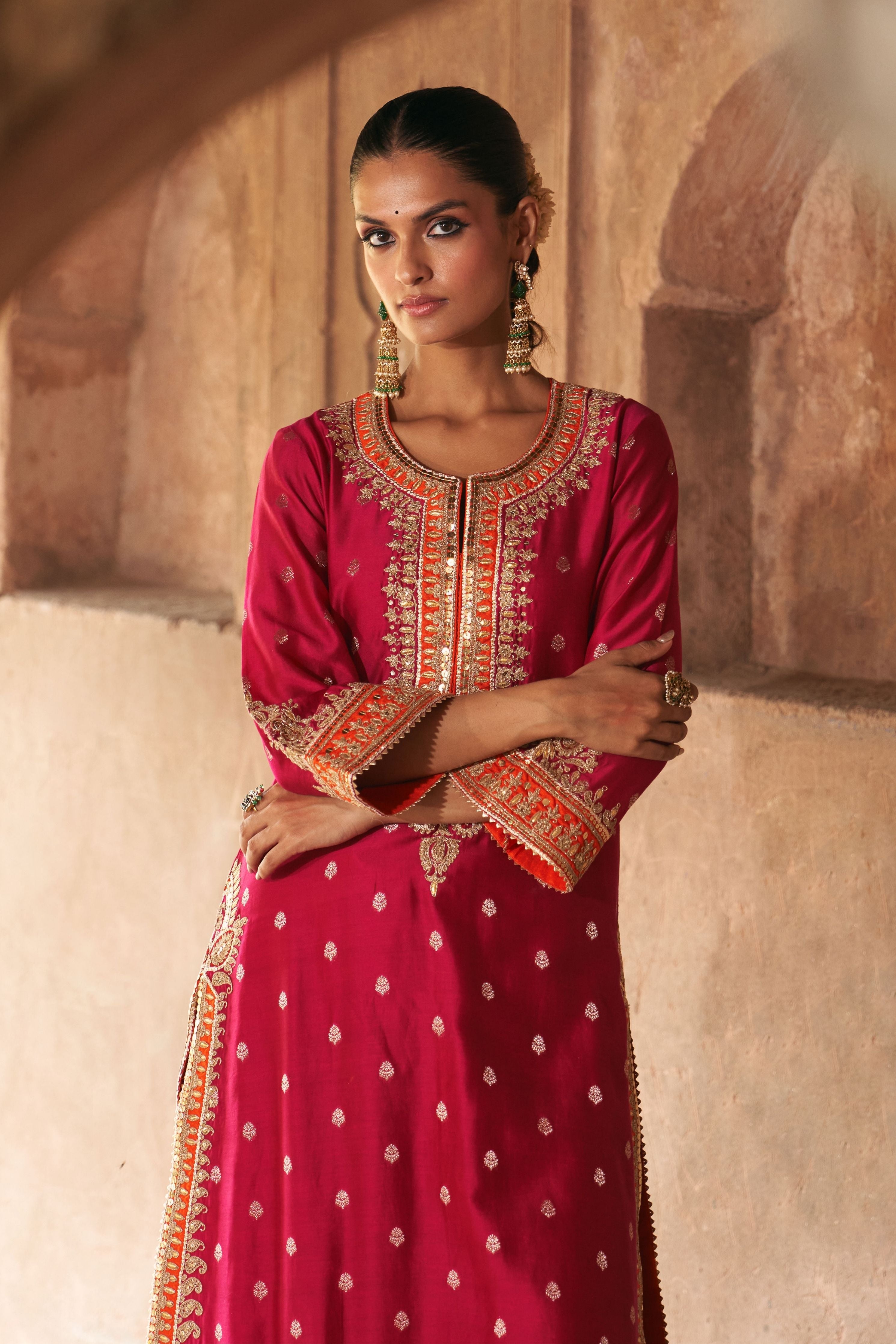 Sumaira Hotpink Long Kurta With Palazzo And Dupatta