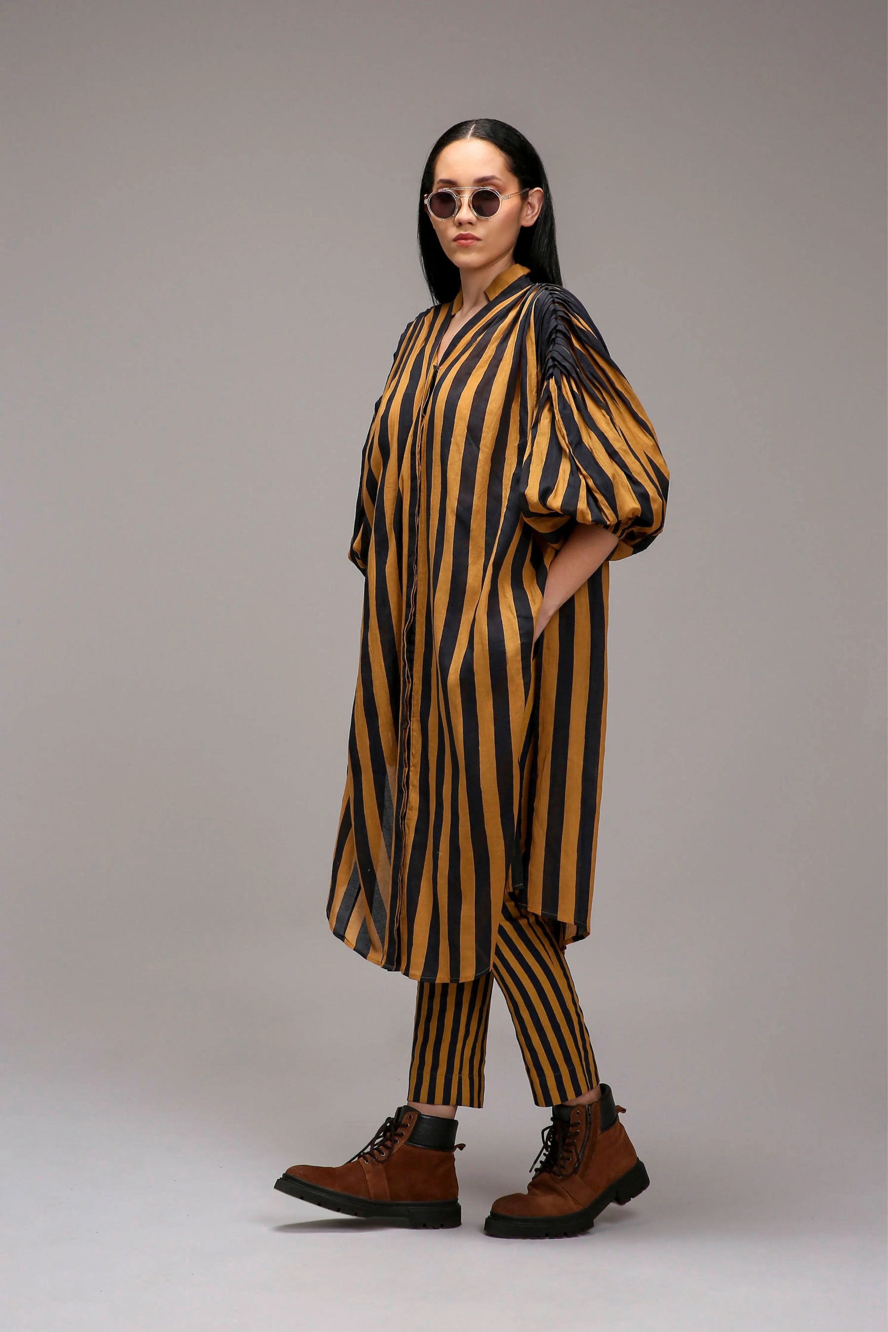 Tan-Brown Blue Striped Baha Tunic Set
