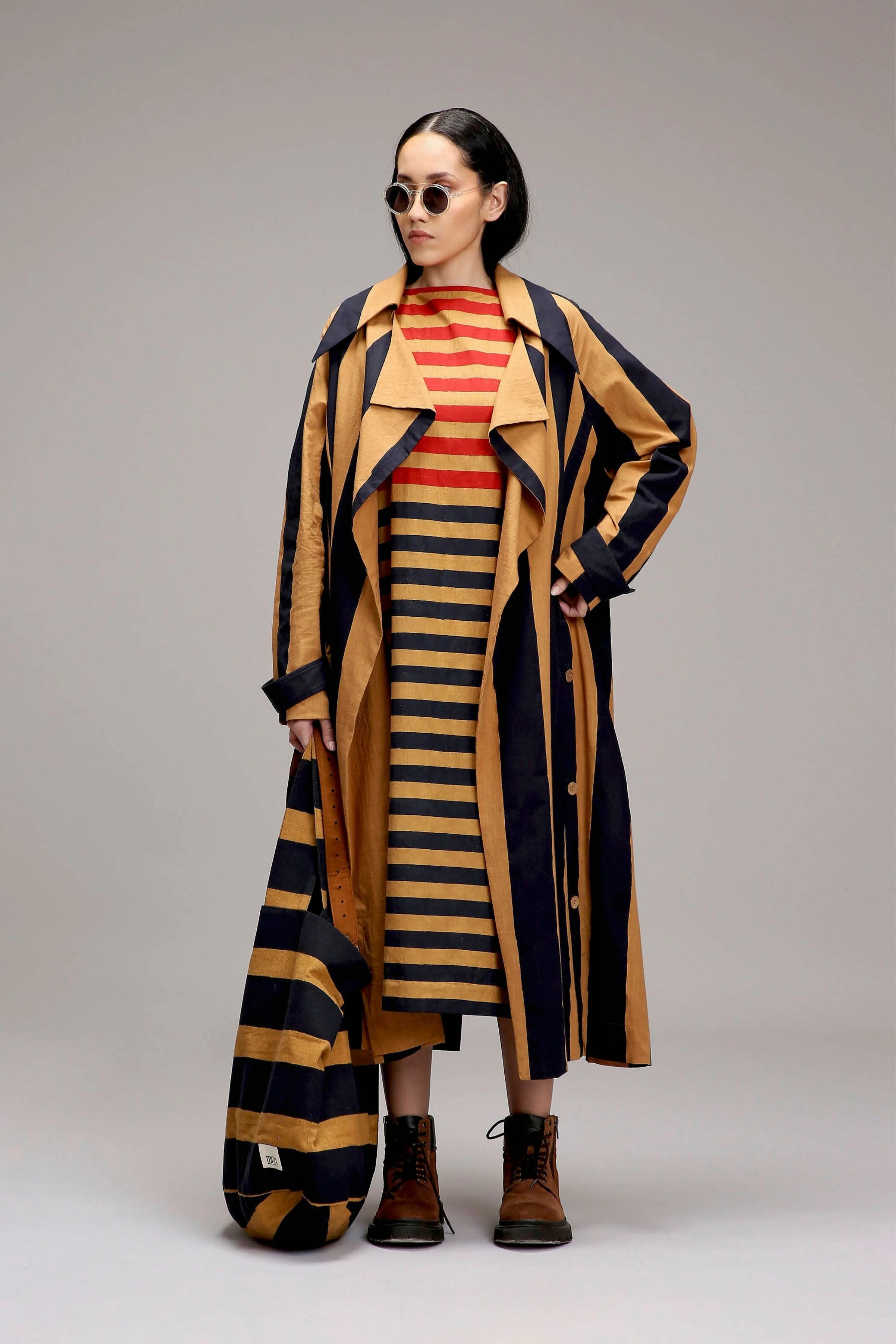 Tan-Brown Red & Blue Dual Stripe Dress Jacket Set