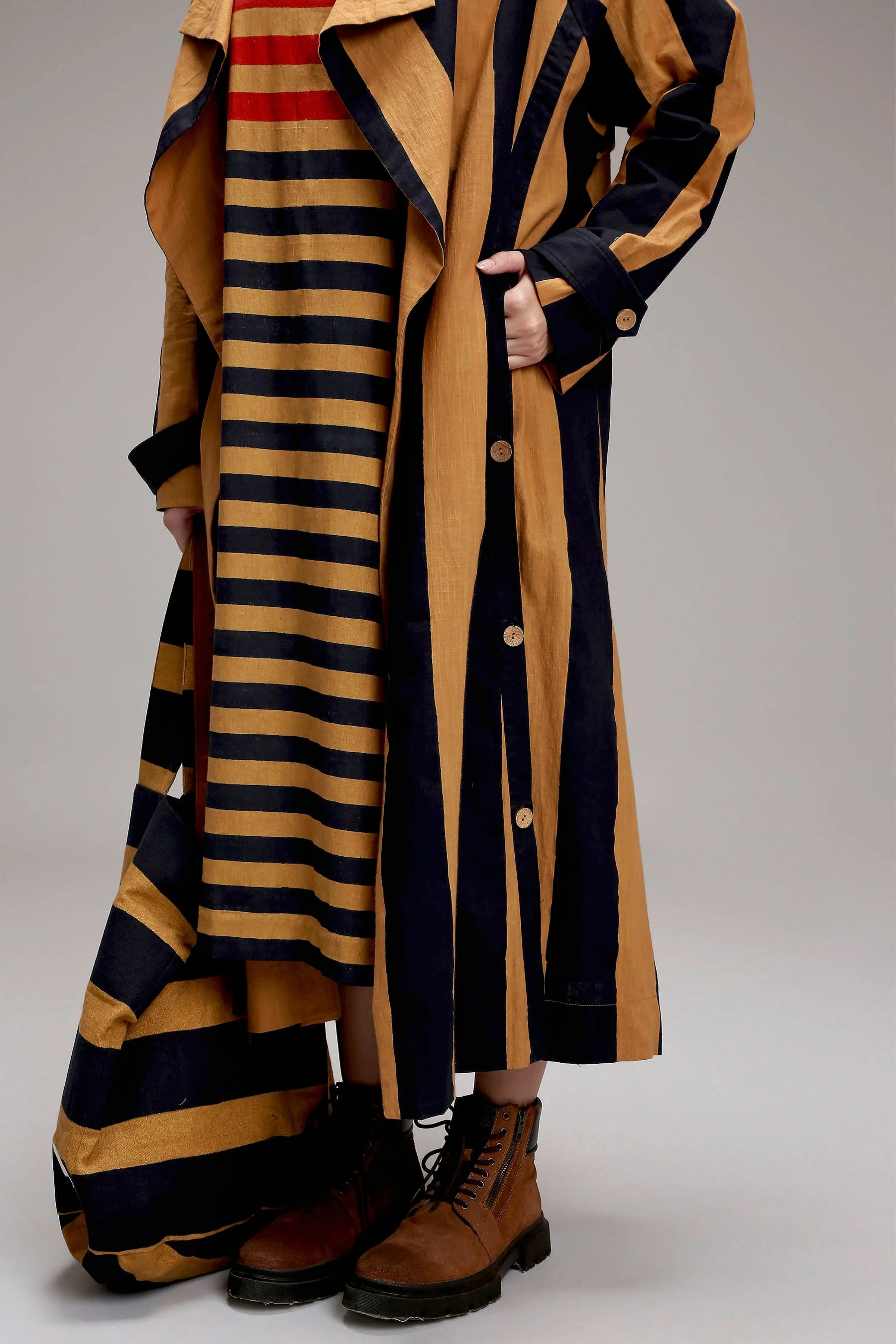 Tan-Brown Red & Blue Dual Stripe Dress Jacket Set