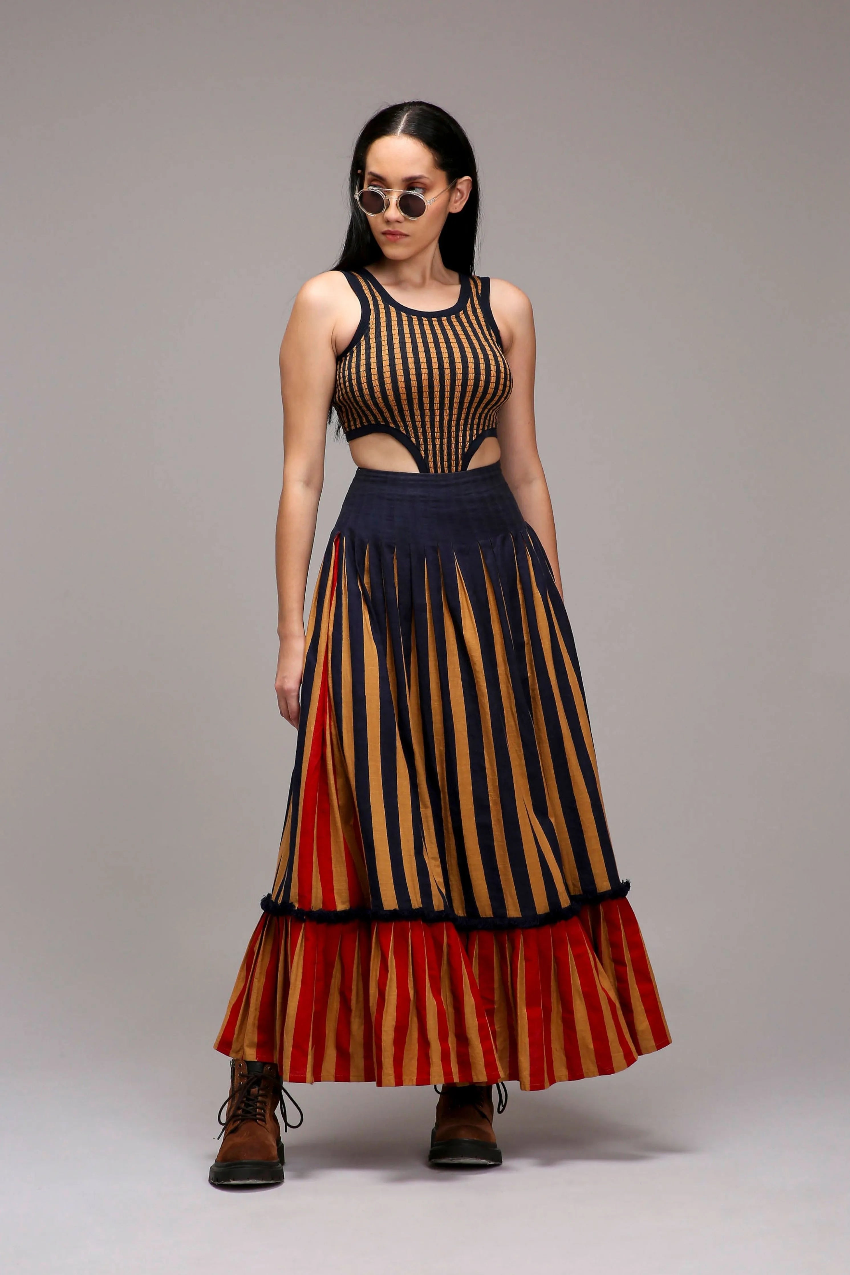 Tan-Brown Bodysuit Dual Striped Skirt Set