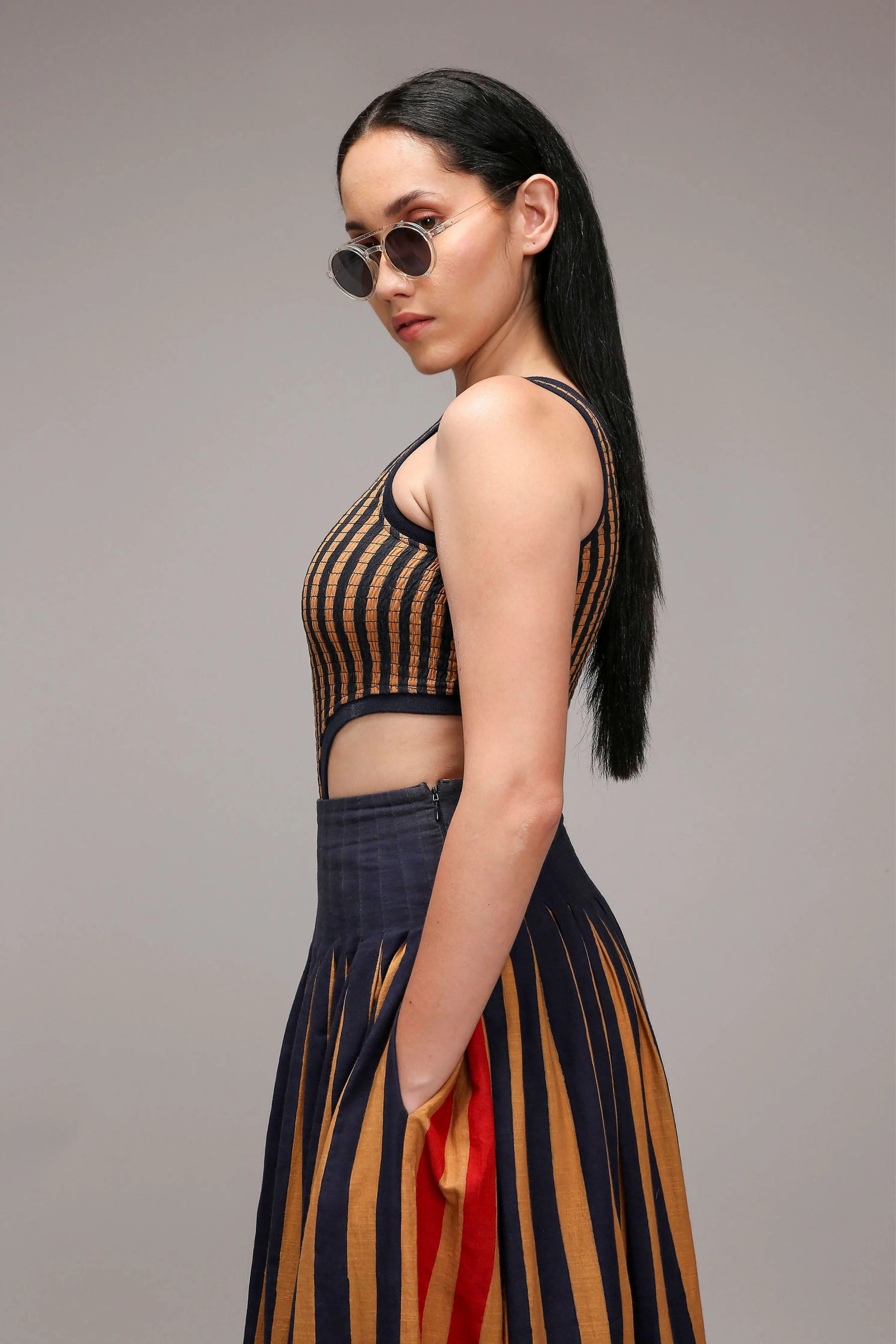 Tan-Brown Bodysuit Dual Striped Skirt Set