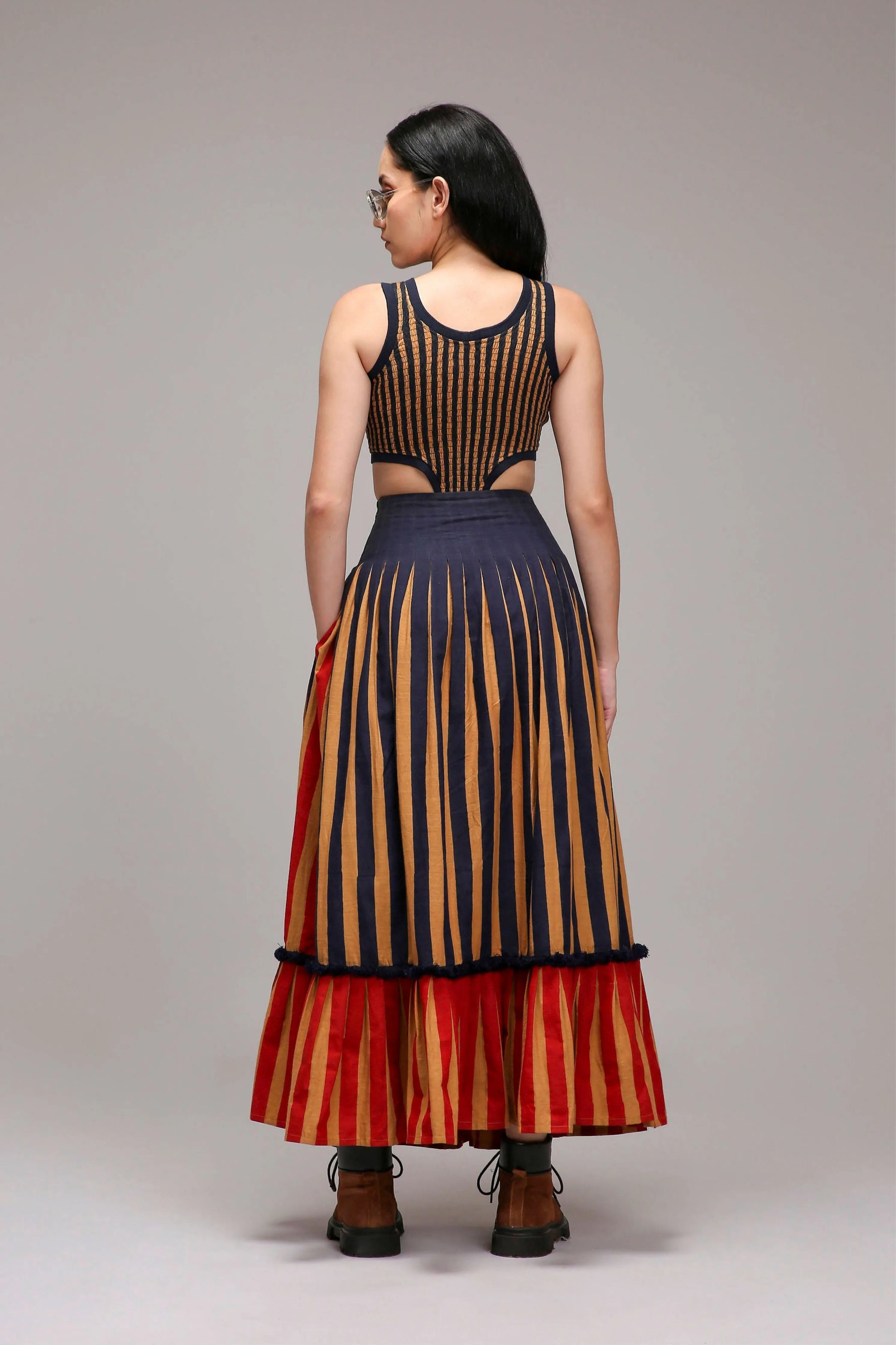 Tan-Brown Bodysuit Dual Striped Skirt Set
