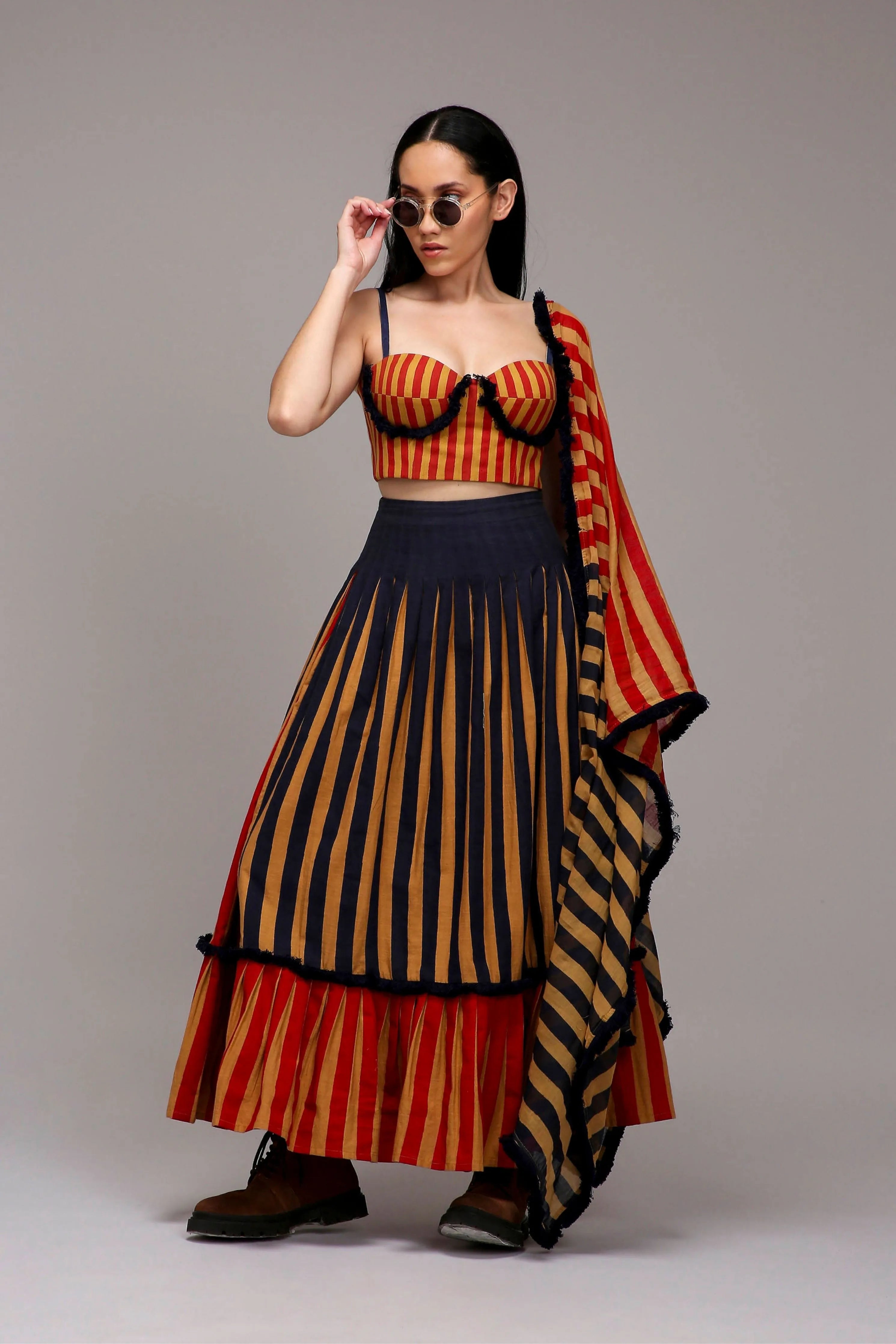 Tan-Brown Corset Dual Striped Stole Skirt Set