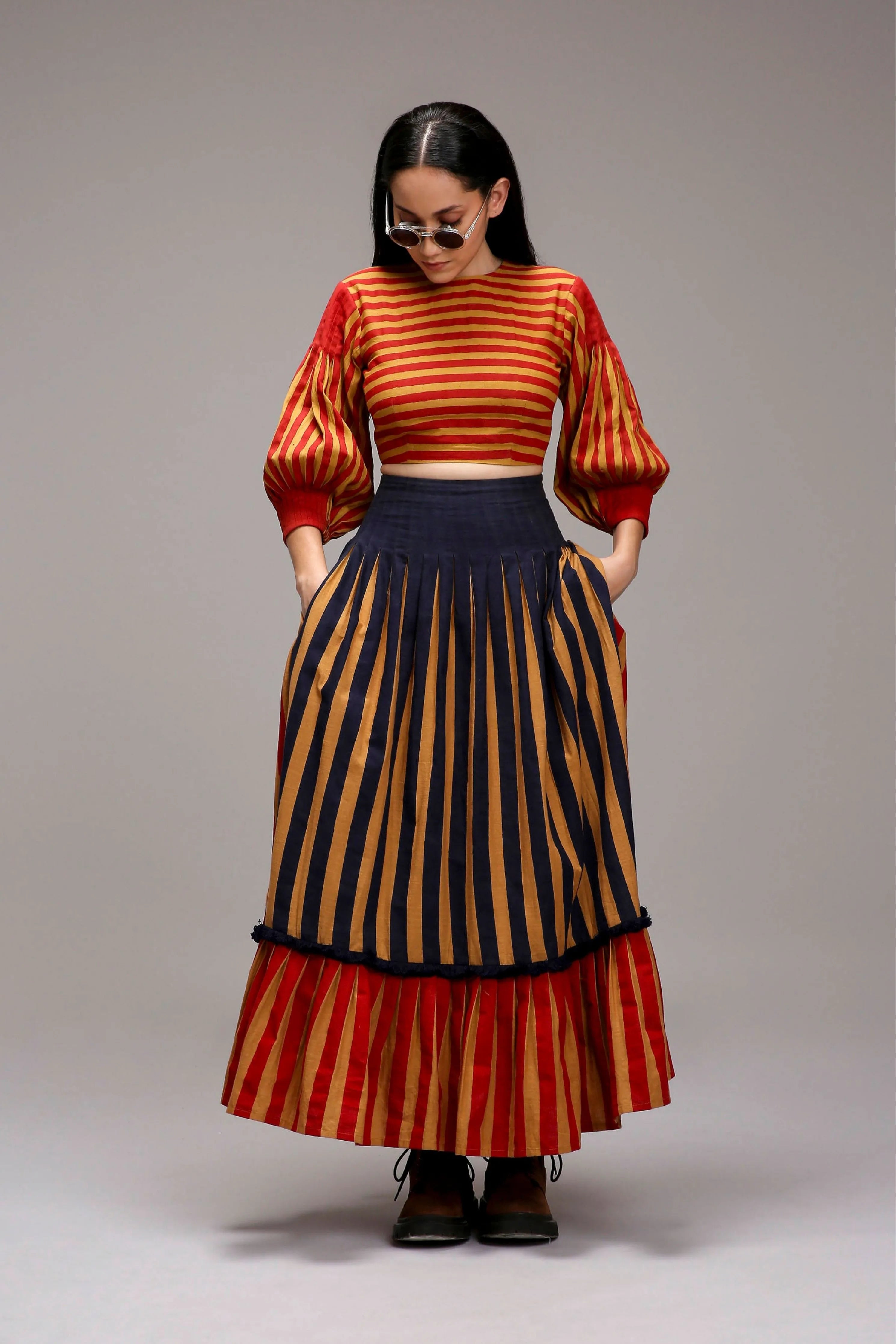 Tan-Brown Striped Crop Top & Skirt Set