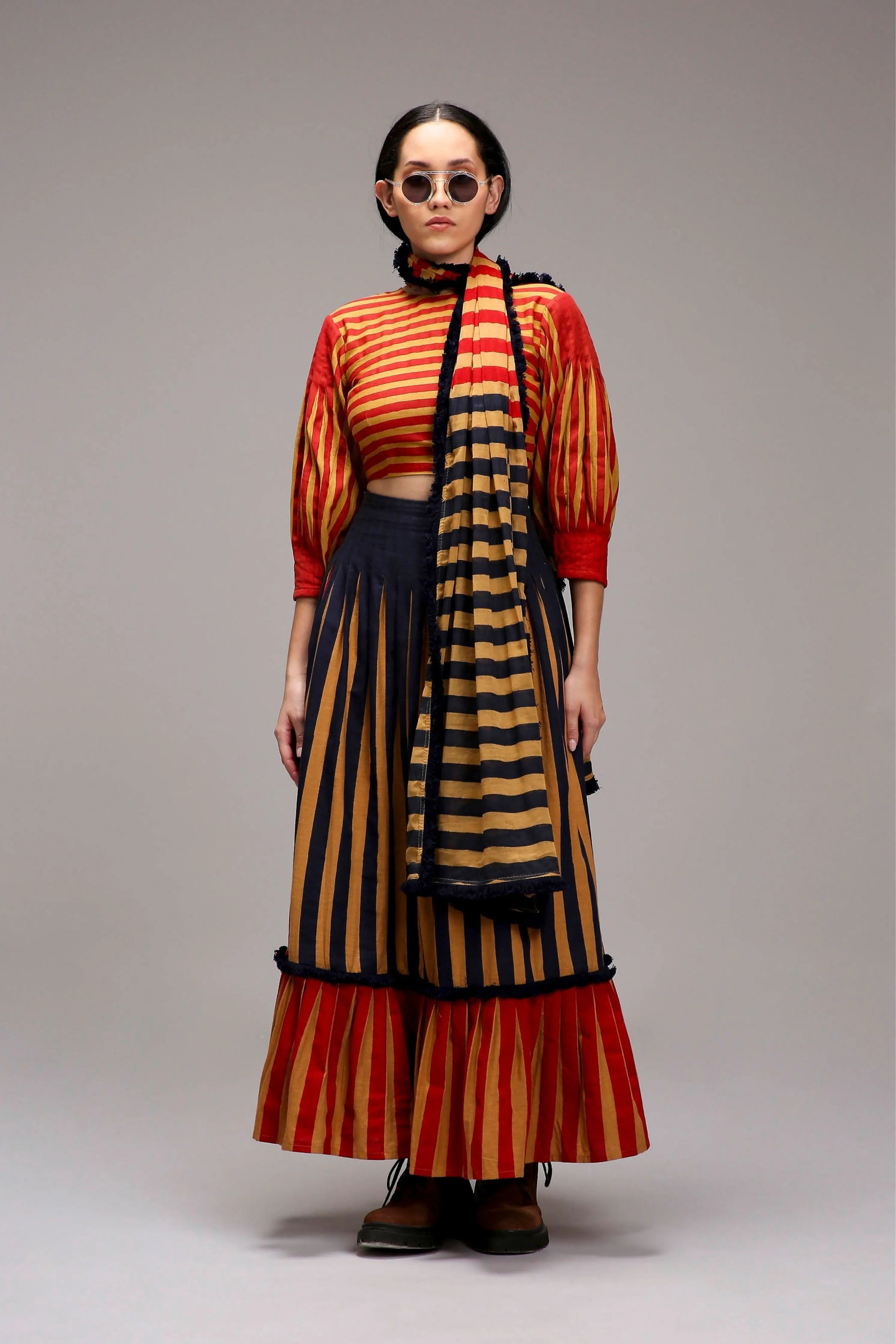 Tan-Brown Crop Top Dual Striped Stole Skirt Set