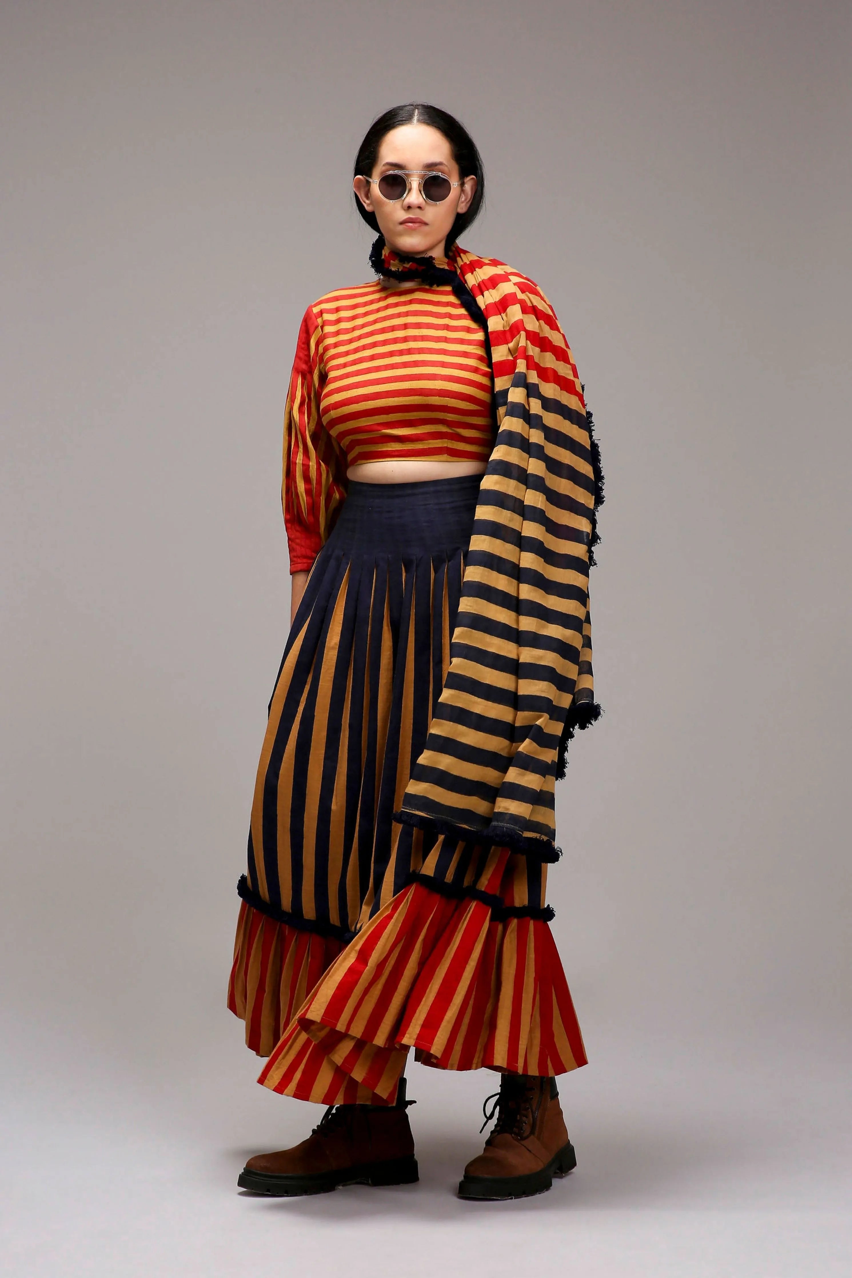 Tan-Brown Crop Top Dual Striped Stole Skirt Set