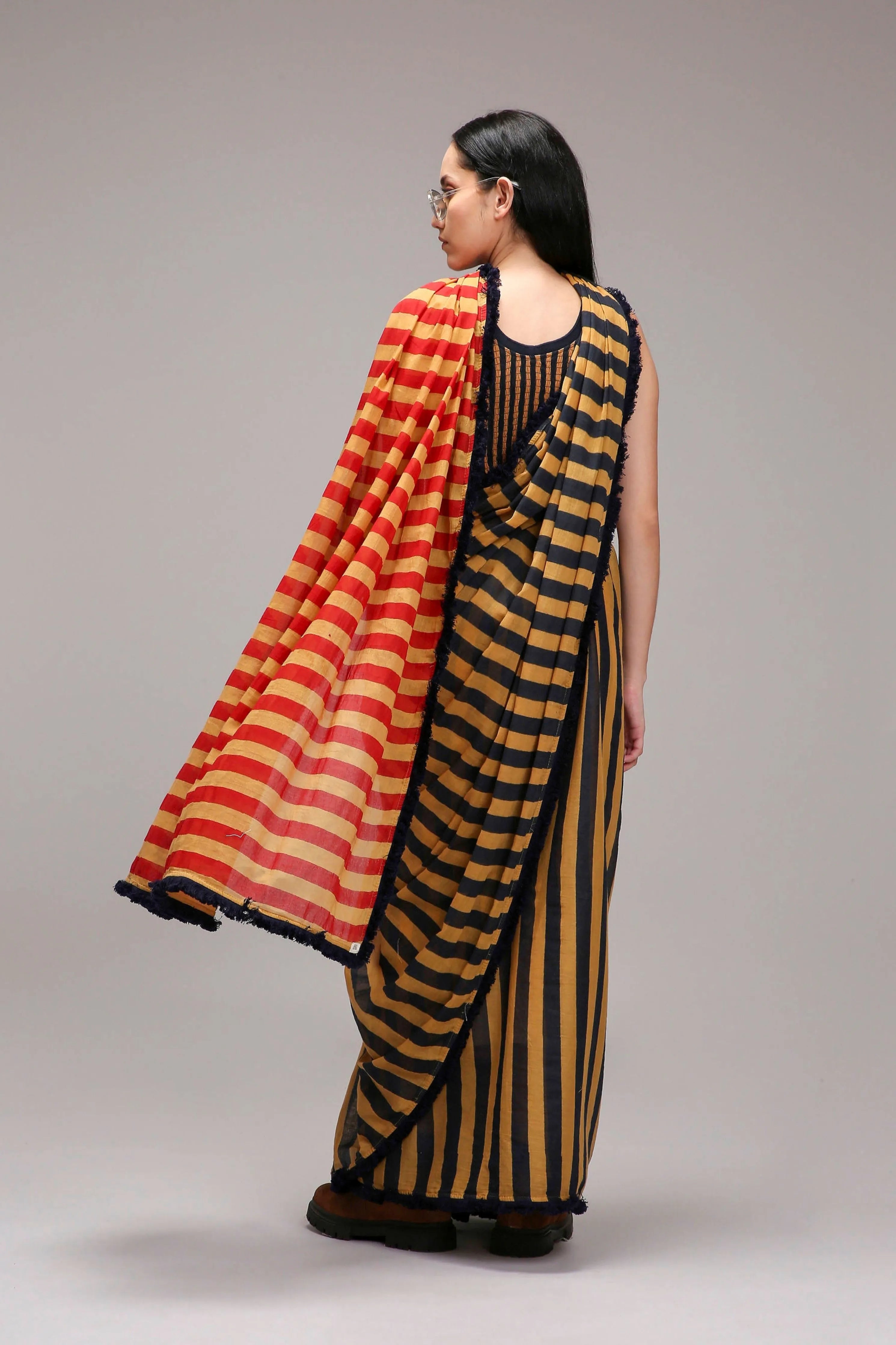 Tan-Brown Bodysuit & Dual Striped Saree Set