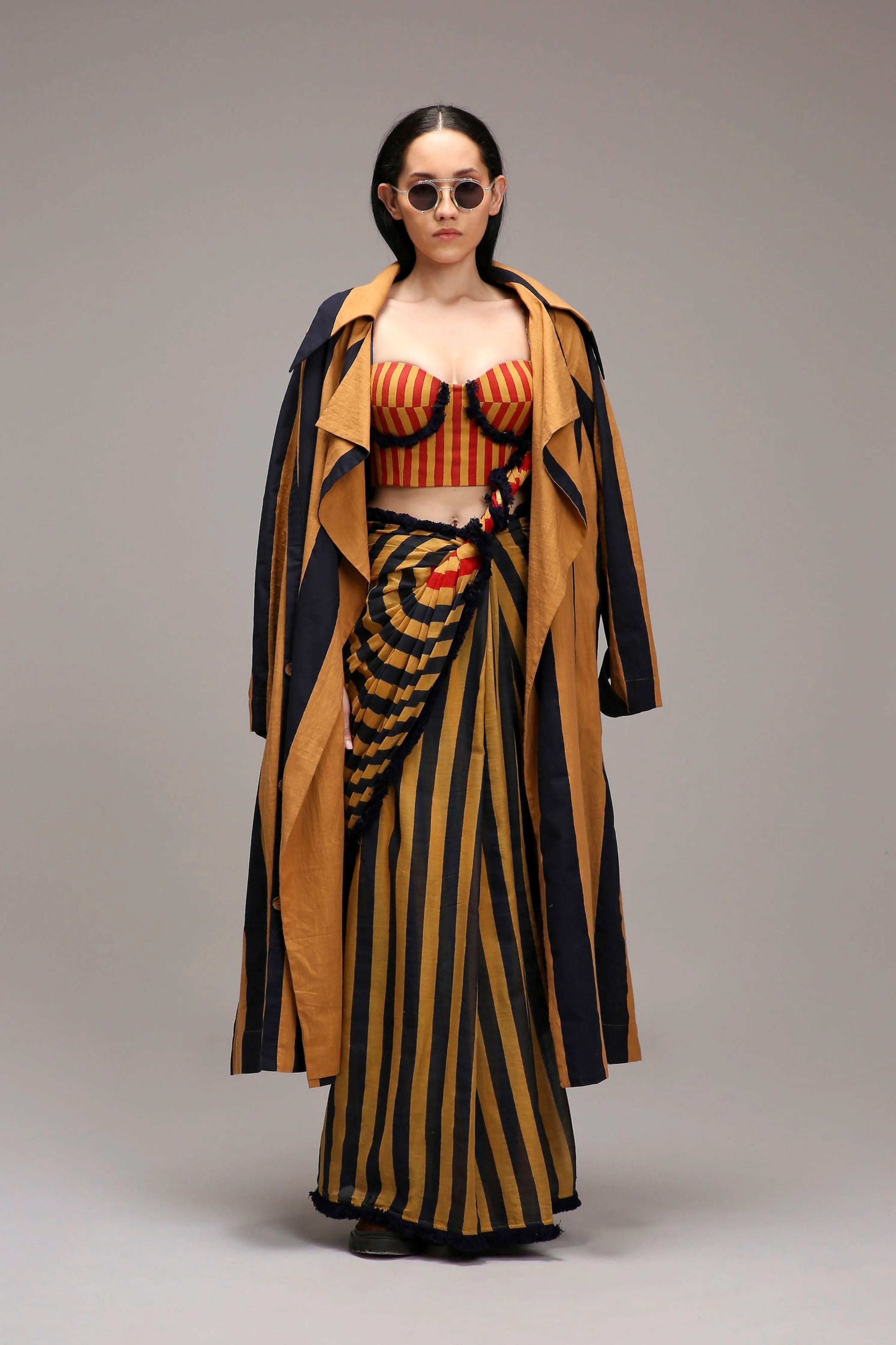 Tan-Brown Corset with Trench Jacket & Dual Striped Saree Set