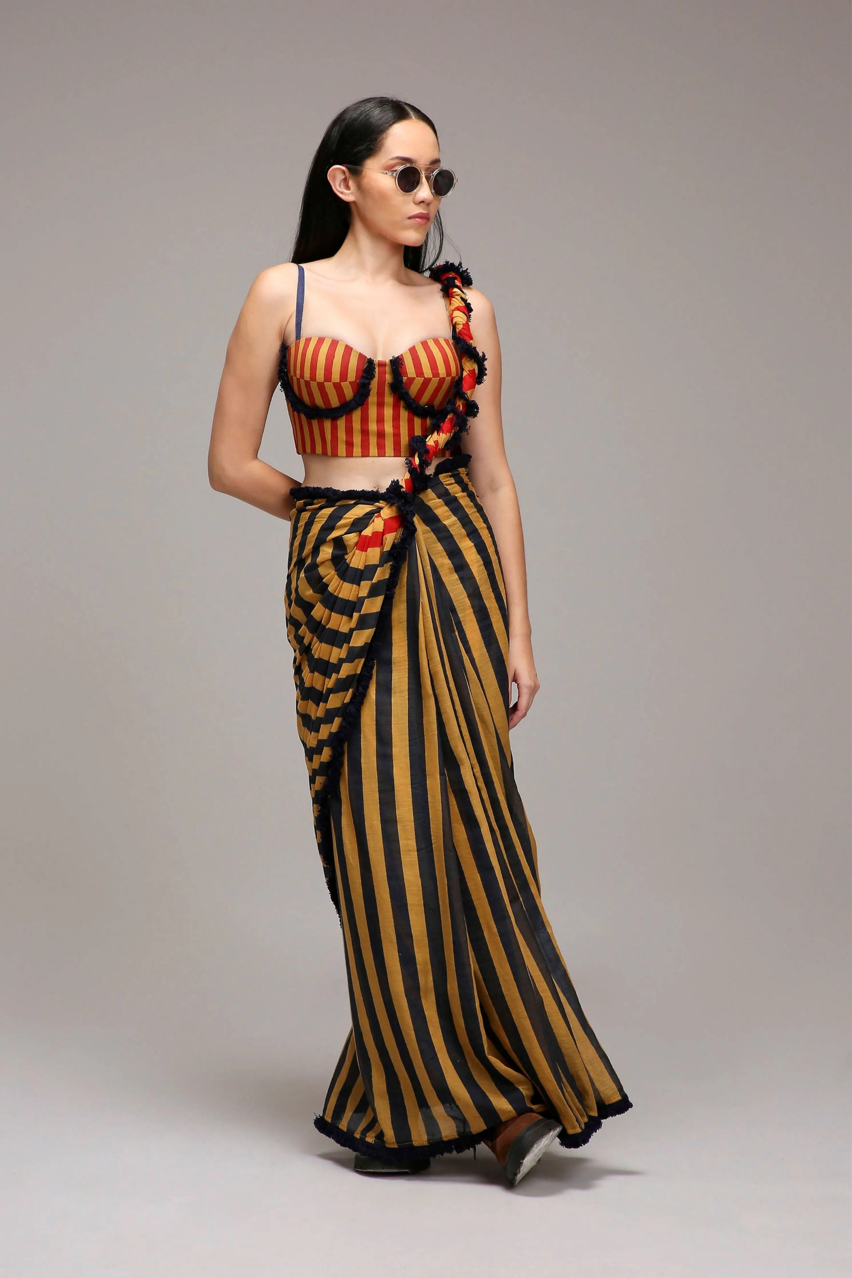 Tan-Brown Corset with Trench Jacket & Dual Striped Saree Set