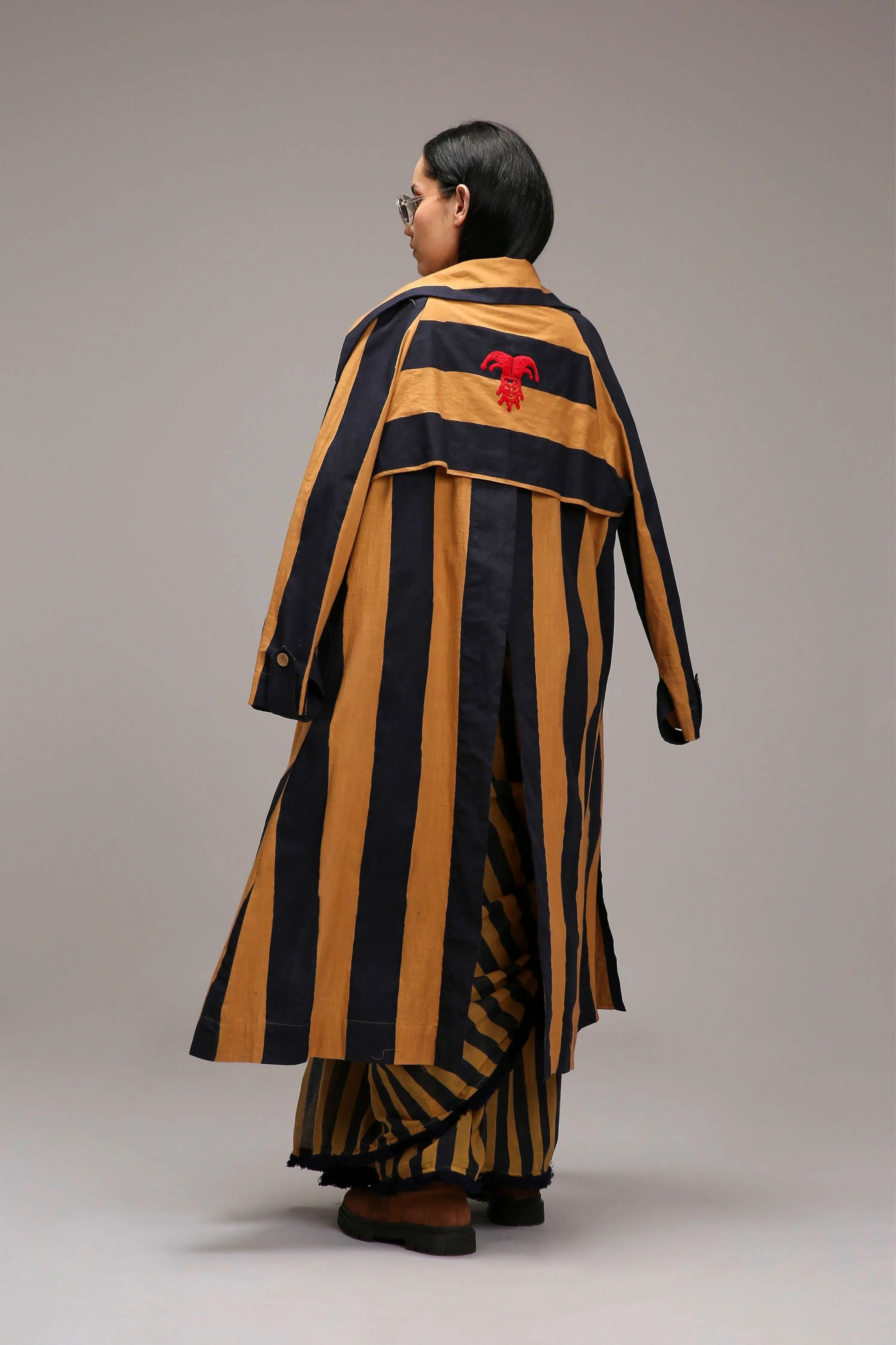 Tan-Brown Corset with Trench Jacket & Dual Striped Saree Set