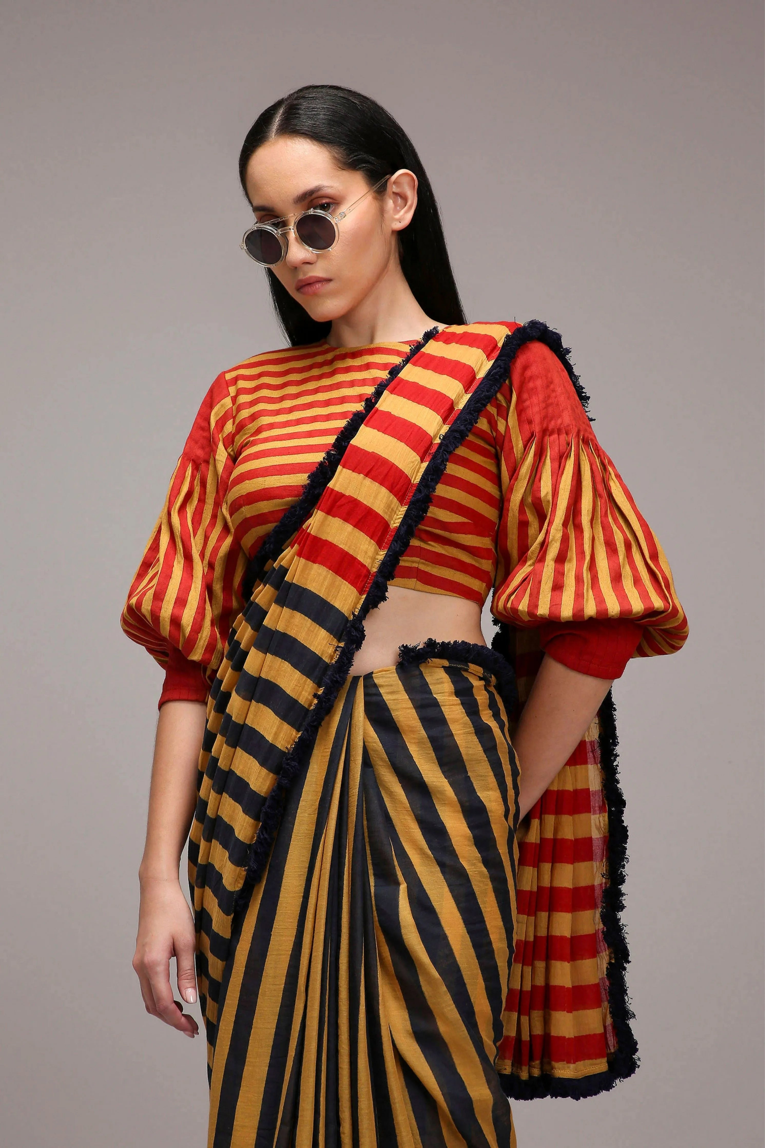 Tan-Brown Crop Top & Dual Striped Saree Set