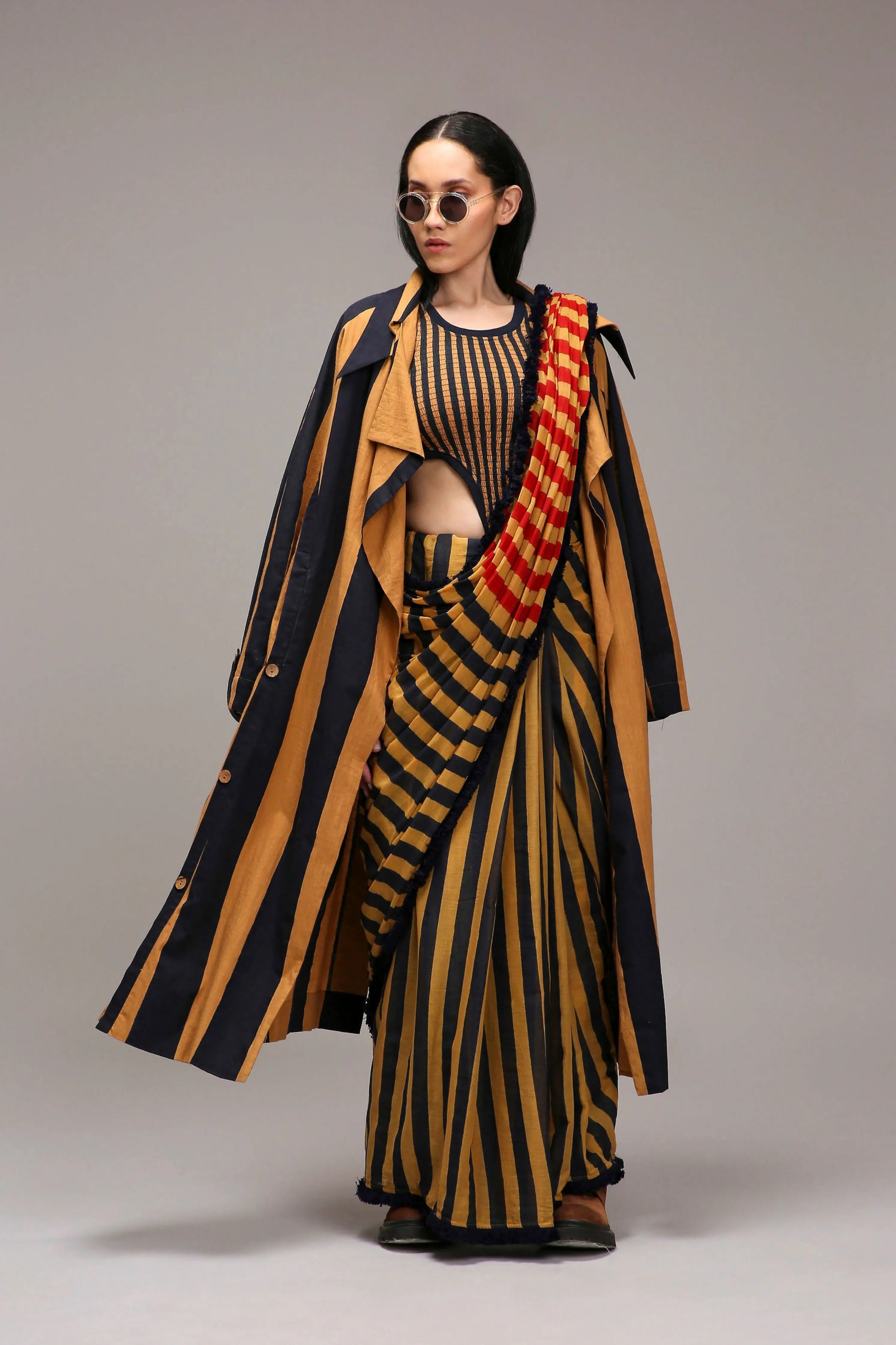 Tan-Brown Bodysuit with Trench & Dual Striped Saree Set