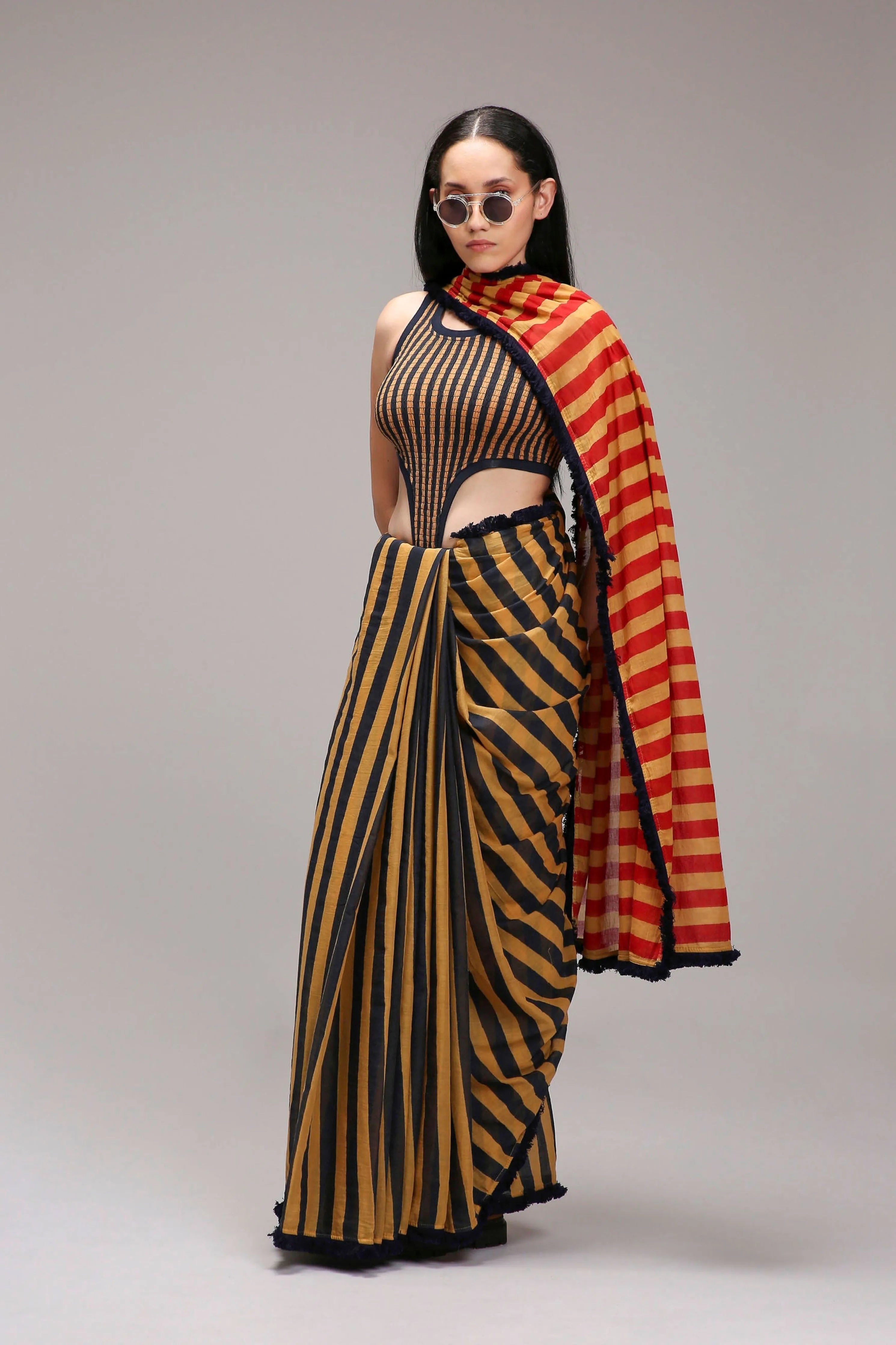 Tan-Brown Bodysuit with Trench & Dual Striped Saree Set